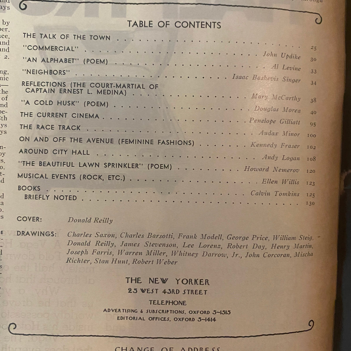 Table of Contents page from The New Yorker Full Magazine June 10, 1972 detailing articles and authors including John Updike and Mary McCarthy.