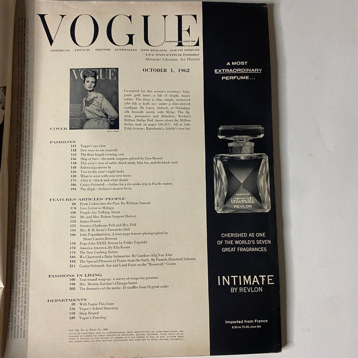 Page inside Vogue Magazine October 1, 1962, displaying the table of contents and ads.
