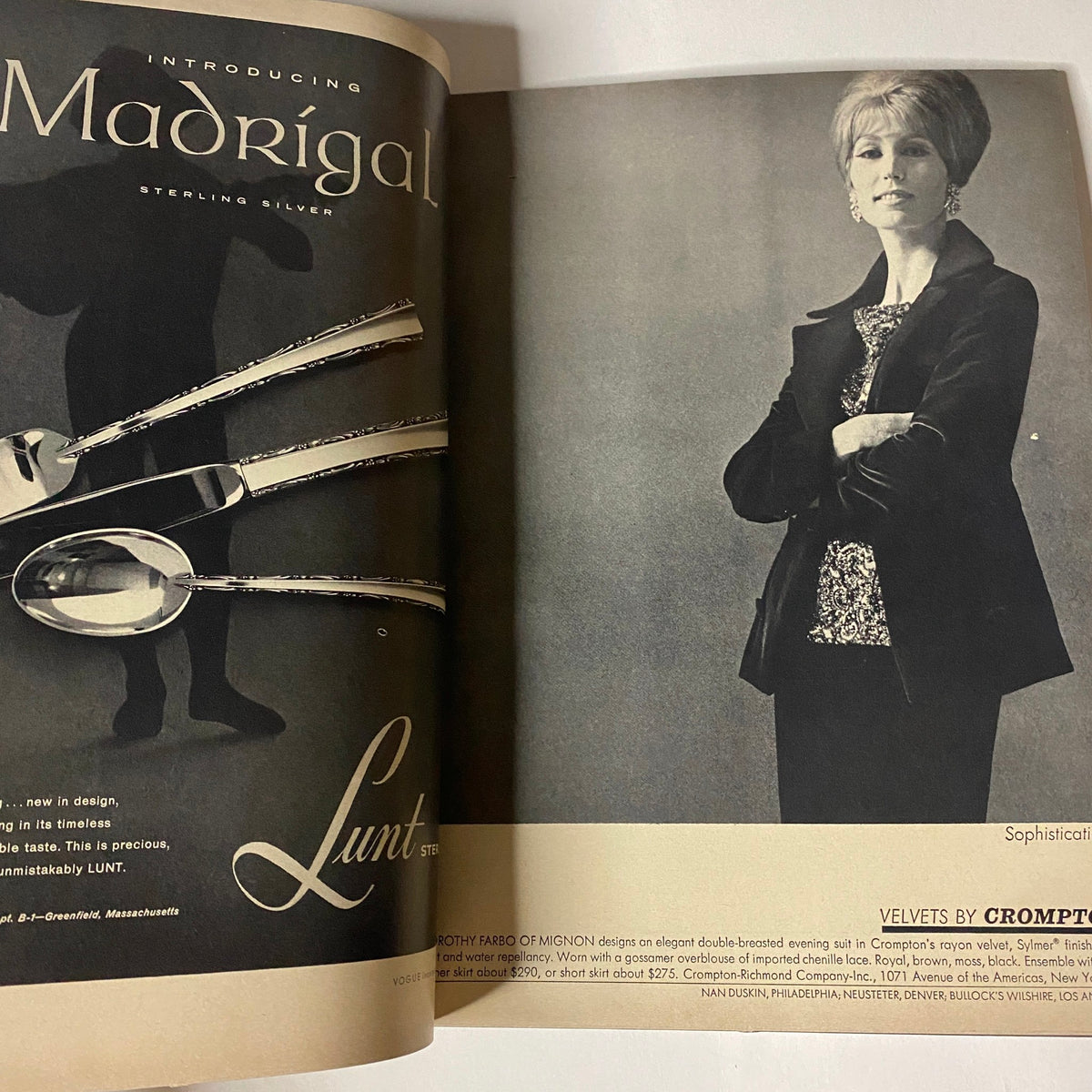 An advertisement in Vogue Magazine October 1, 1962 for Lunt sterling silver, featuring a model dressed in a sophisticated style.