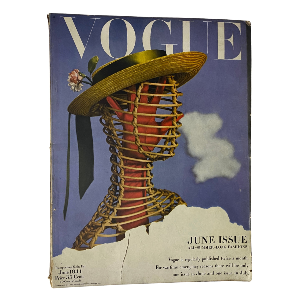 Cover of Vogue Magazine June 1944 featuring all-summer-long fashions by Haanel Cassidy, showcasing a stylish hat and elegant artistic design reflecting the fashion trends of the 1940s.