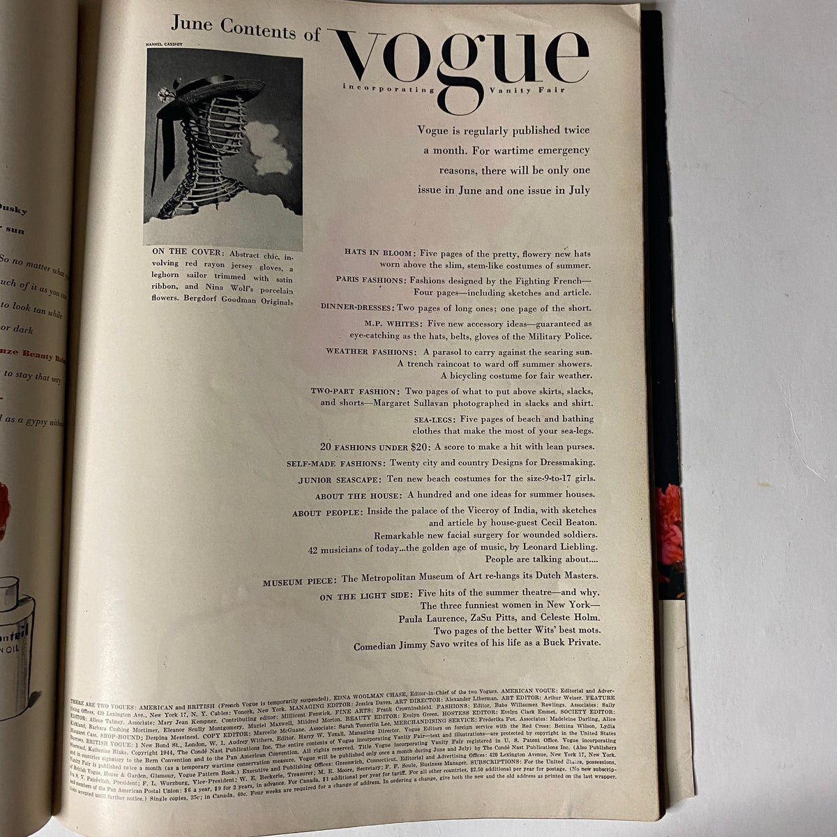 Interior page of Vogue Magazine June 1944 listing the contents, emphasizing fashion features and articles. All-Summer-Long Fashions by Haanel Cassidy.