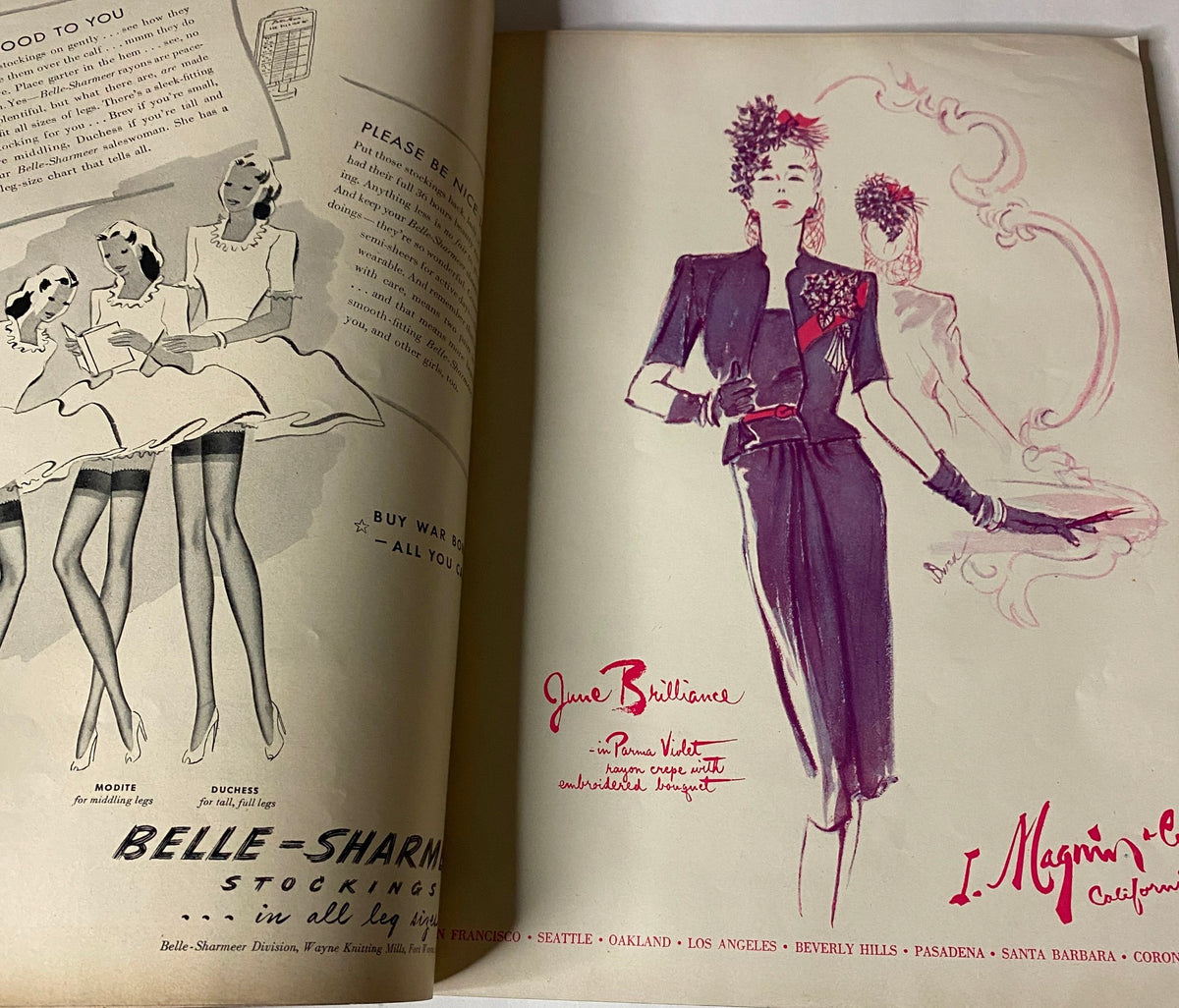 Fashion illustration from Vogue Magazine June 1944 showcasing elegant summer attire with advertisements, highlighting the editorial style. All-Summer-Long Fashions by Haanel Cassidy.