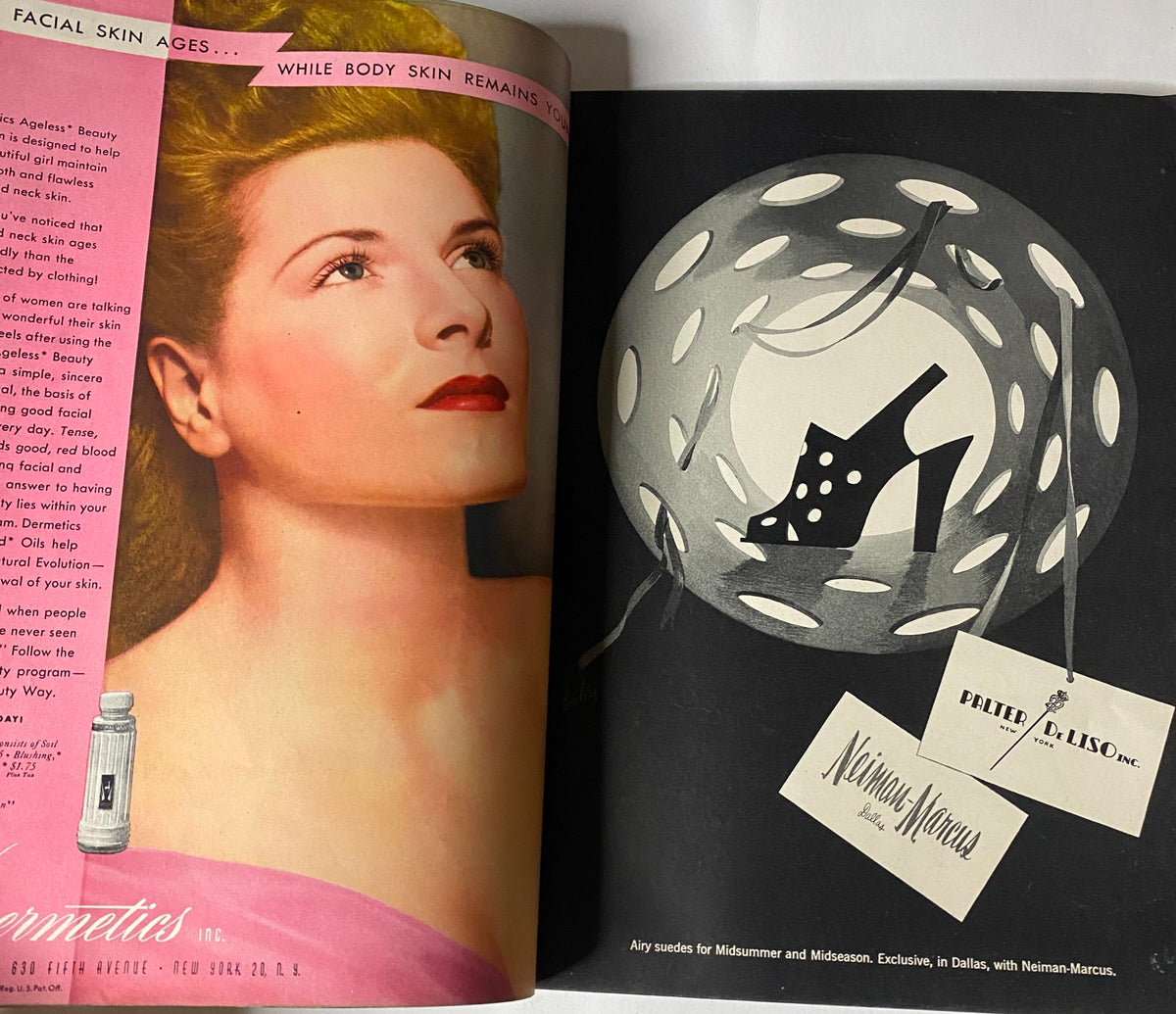 Vogue Magazine June 1944 - All-Summer-Long Fashions by Haanel Cassidy showcasing a chic beauty advertisement with a woman in a pink theme, highlighting Neiman-Marcus designs.