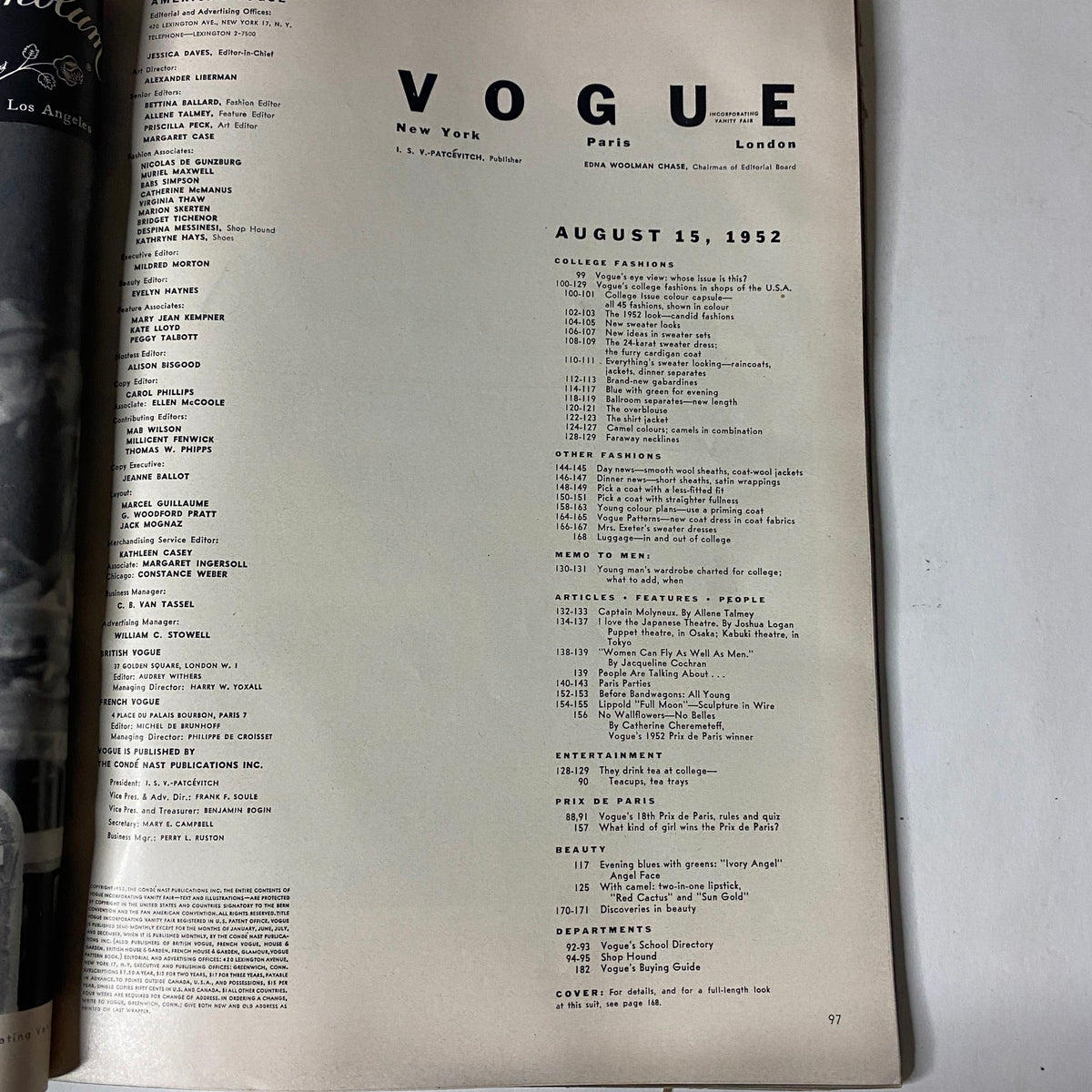 Interior page of Vogue Magazine August 15, 1952, detailing the table of contents, highlighting features relevant to the College Issue.