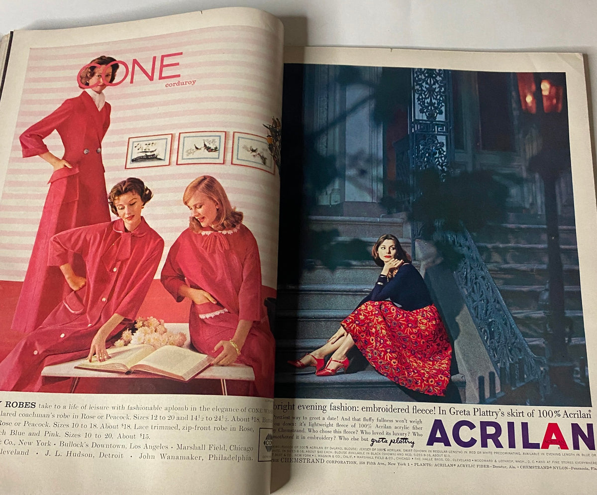 Vintage Vogue Magazine August 15, 1957 featuring Christa Vogel cover by Horst P. Horst, showcasing elegant evening fashion with models in stylish red attire.