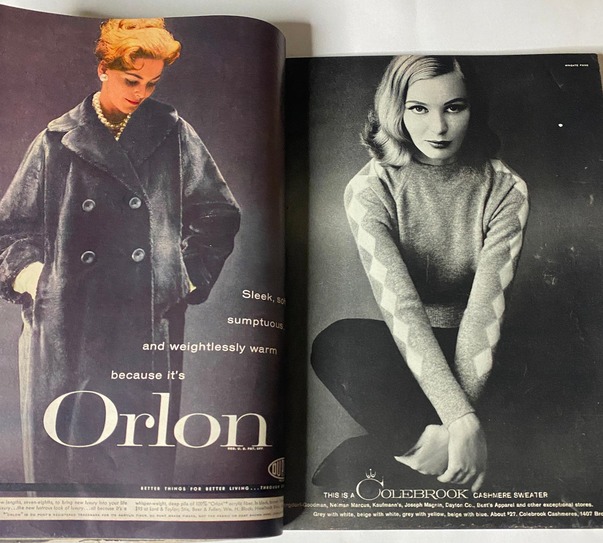 Interior page of Vogue Magazine August 15, 1957 with a feature on luxurious Orlon fabric, displaying a chic model in a sophisticated coat and a stylish sweater.
