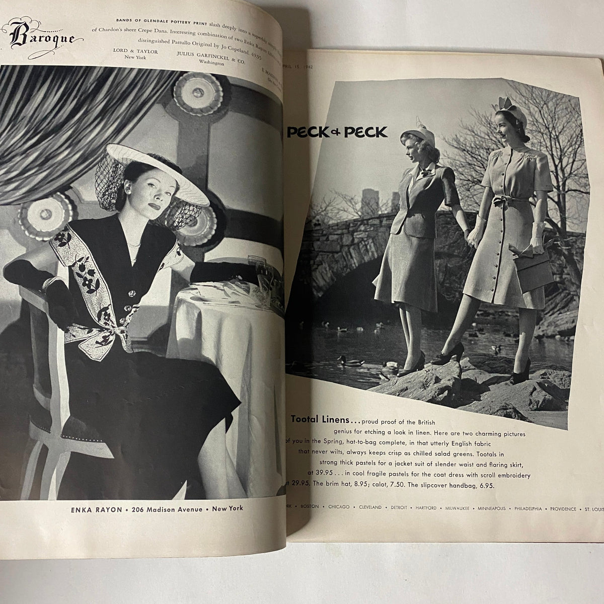 A fashion advertisement featuring models in early 1940s attire showcasing coat and dress styles, from Vogue Magazine April 15, 1942 titled Our Ration-al Lives.