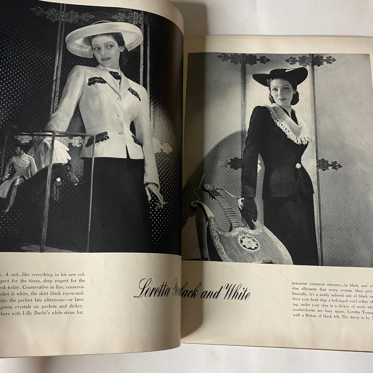 A black and white fashion editorial showing models in elegant wartime attire, presented in Vogue Magazine April 15, 1942 titled Our Ration-al Lives.