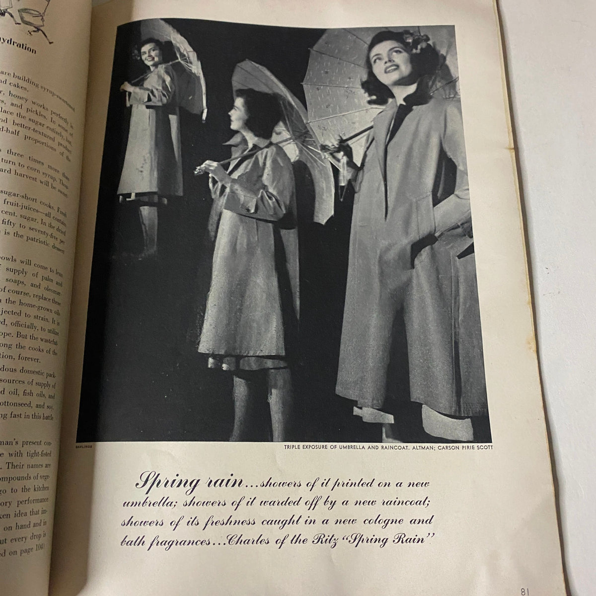 Models posing with umbrellas in stylish raincoats, capturing the essence of spring fashion from Vogue Magazine April 15, 1942 titled Our Ration-al Lives.