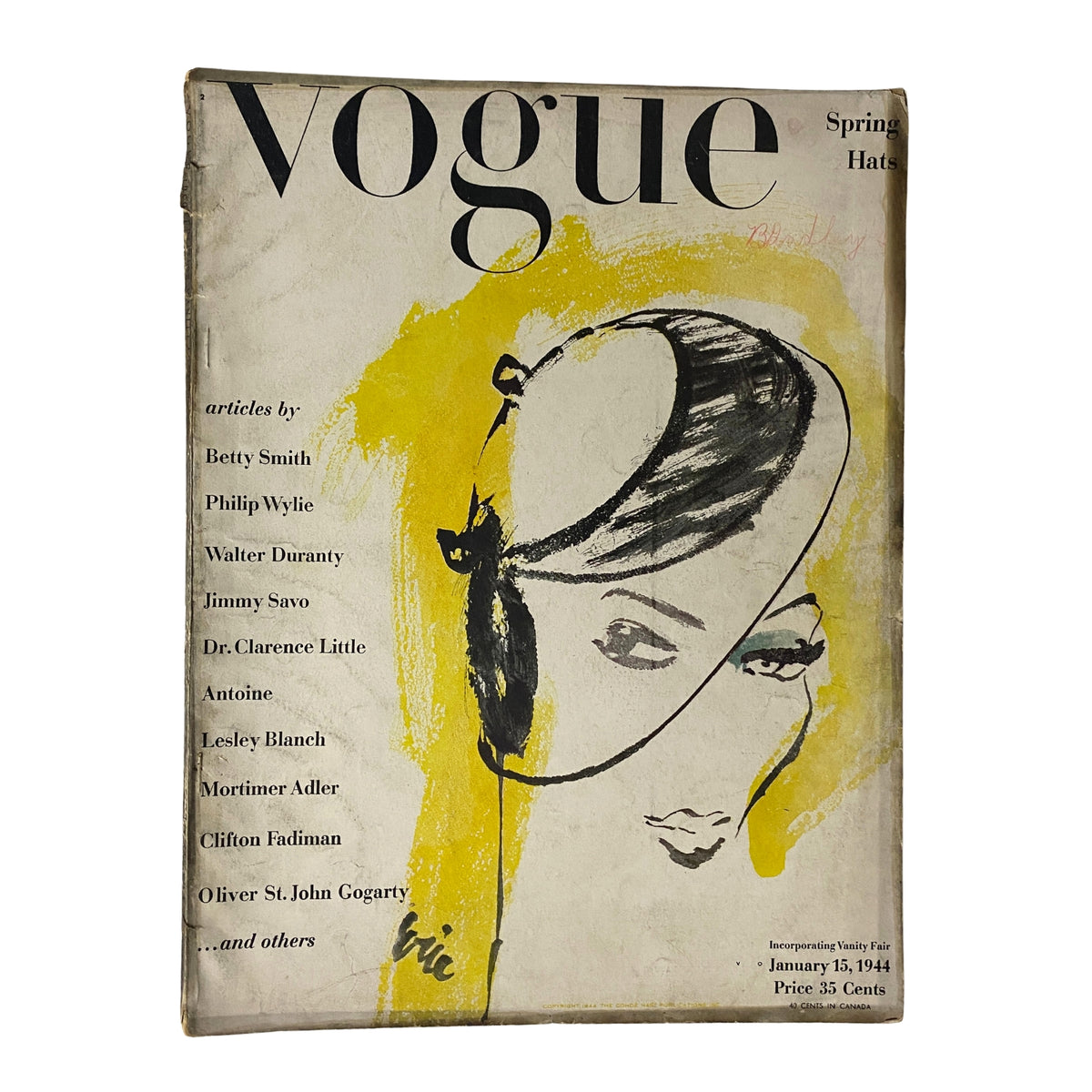 Cover of Vogue Magazine January 15, 1944 featuring Spring Hats articles, illustrated by Carl Erickson, showcasing a fashion illustration with a stylish woman's hat design.