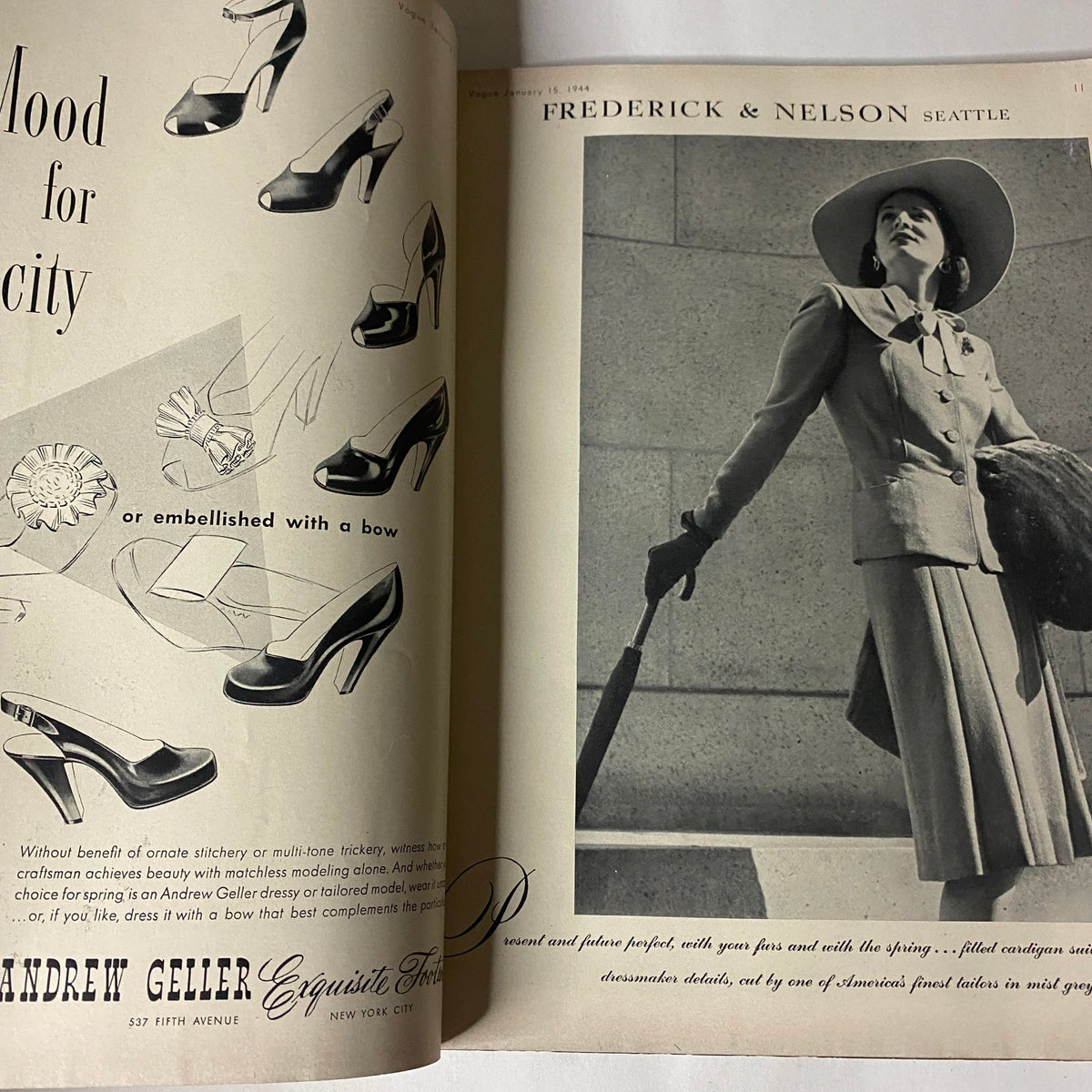 Interior page of Vogue Magazine January 15, 1944 Spring Hats Articles Cover by Carl Erickson, displaying an ad featuring elegant footwear alongside a fashionable model.