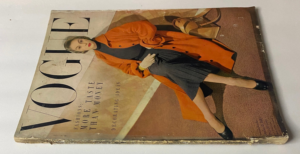 Vogue Magazine cover from October 15, 1950 depicting Jean Patchett in a stylish orange coat, emphasizing the magazine's focus on fashion affordability and design inspiration.
