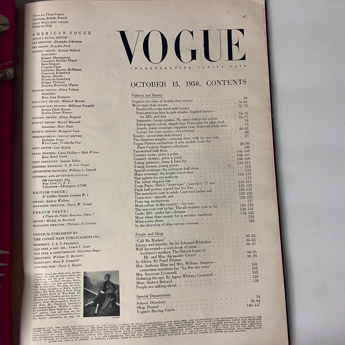 Table of Contents page from Vogue Magazine October 15, 1950 Jean Patchett Cover by Horst P. Horst, listing articles on fashion, beauty, and cultural commentary.