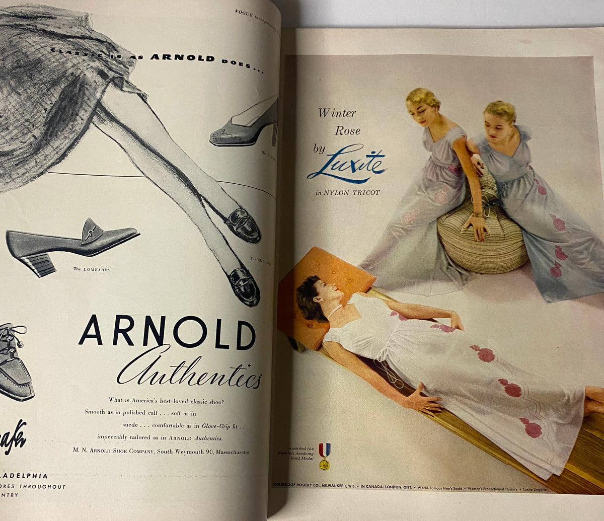 Vintage advertisement from Vogue Magazine October 15, 1950 featuring Arnold Authentics shoes, alongside models showcasing winter fashion. The elegant design captures postwar American style and sophistication.