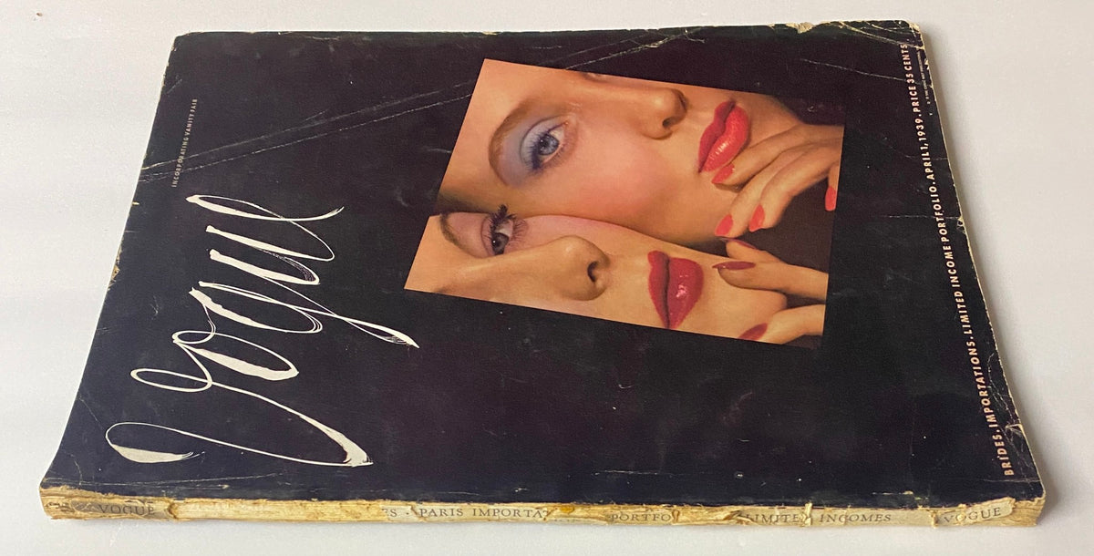 Cover of Vogue Magazine April 1, 1939 featuring models Muriel Maxwell and Ruth Knox, photographed by Horst P. Horst. The striking makeup and fashion highlight 1930s elegance.