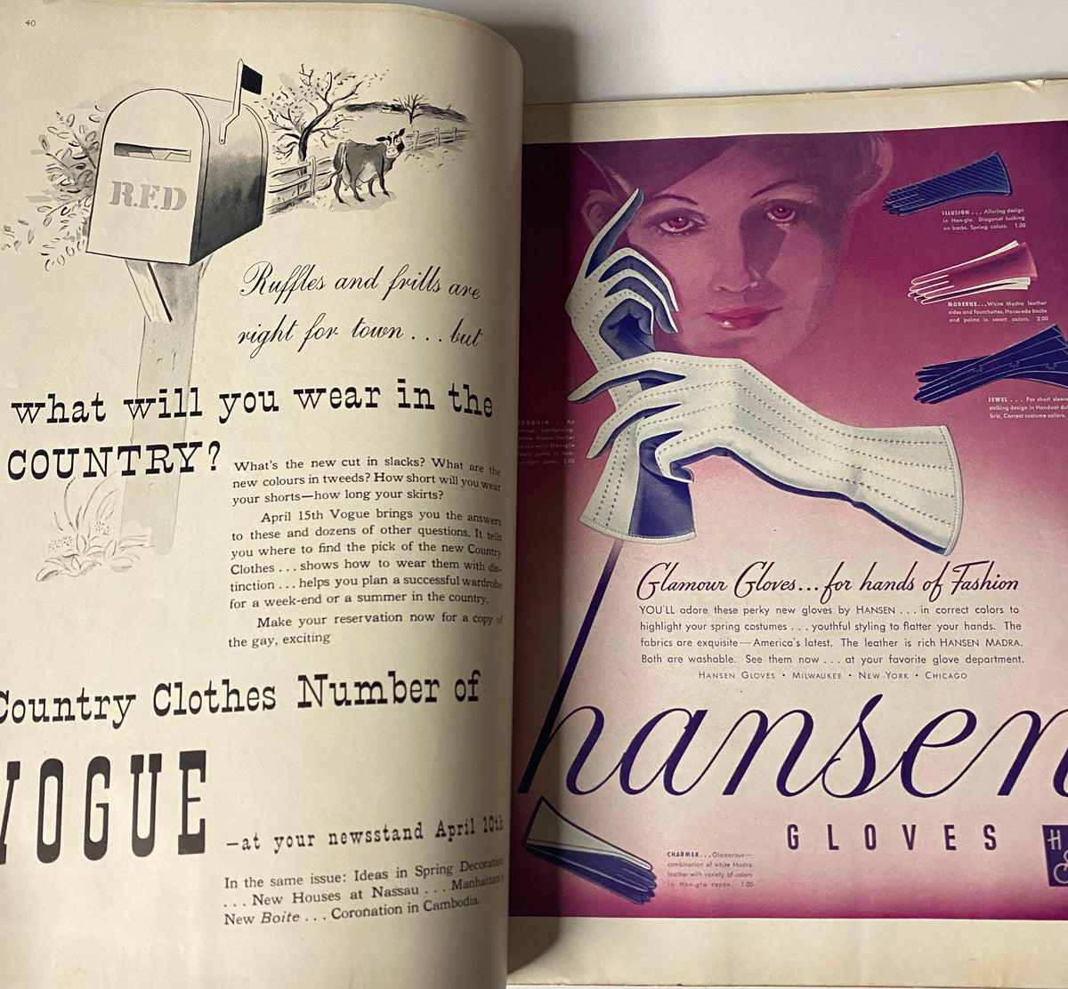 Page from Vogue Magazine April 1, 1939 featuring an advertisement for Hansen Gloves, showcasing fashion items and discussing country wear.