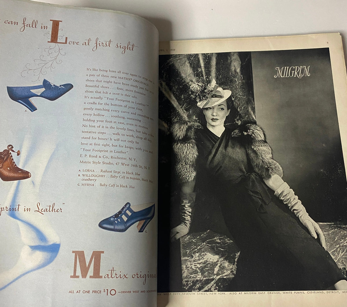Page from Vogue Magazine April 1, 1939 featuring a model in a stylish outfit from Matlix, showcasing leather shoes and luxurious winter fashion.