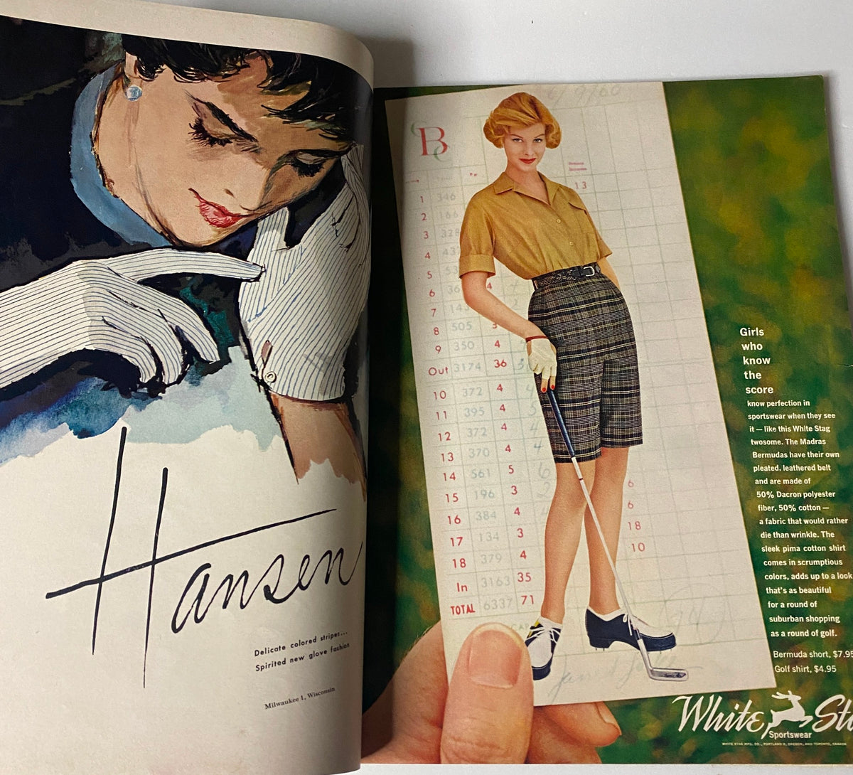 An illustration in Vogue Magazine March 1, 1960 depicting a model dressed in sports attire, demonstrating the fashionable looks of the time, with a background of soft colors.