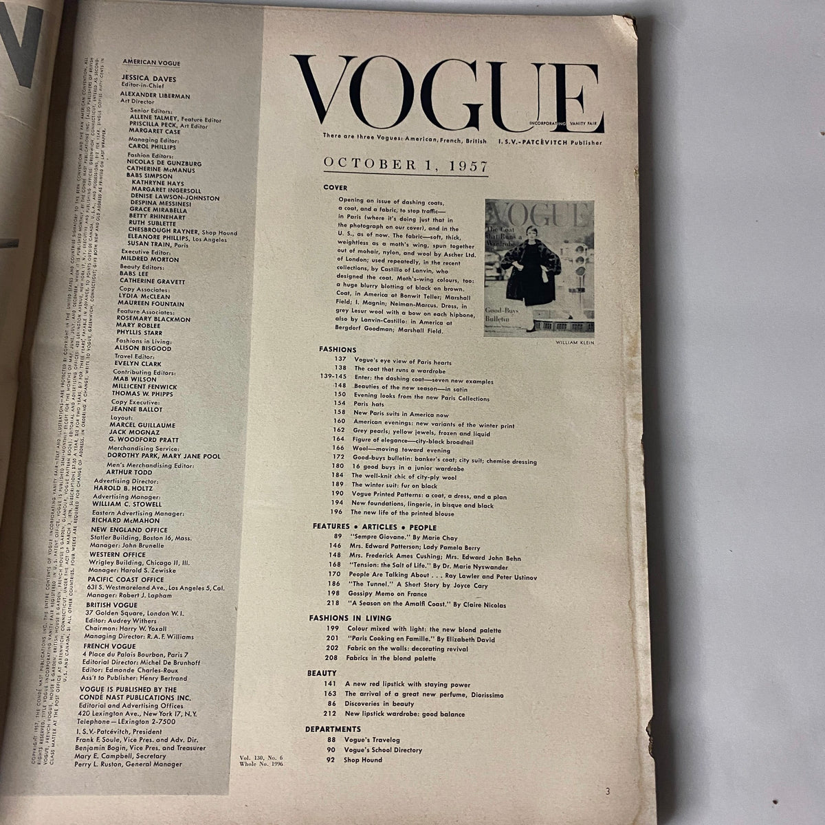 Table of contents page from Vogue Magazine October 1, 1957, detailing the issue's fashion features and articles.