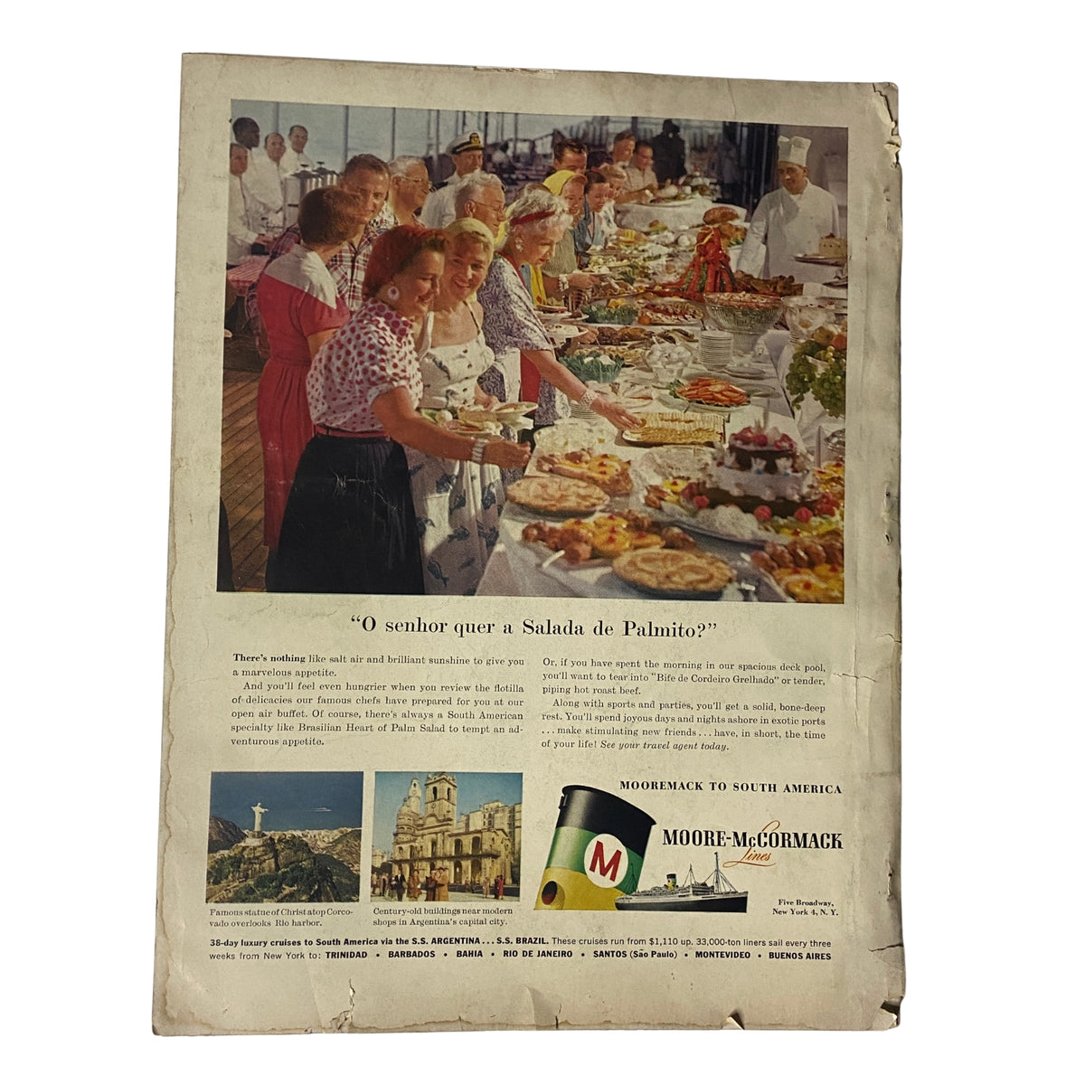 Back cover of Vogue Magazine, October 1, 1957, displaying a vibrant culinary scene with chefs and a buffet, showcasing the magazine's connections to lifestyle and culture in the 1950s.