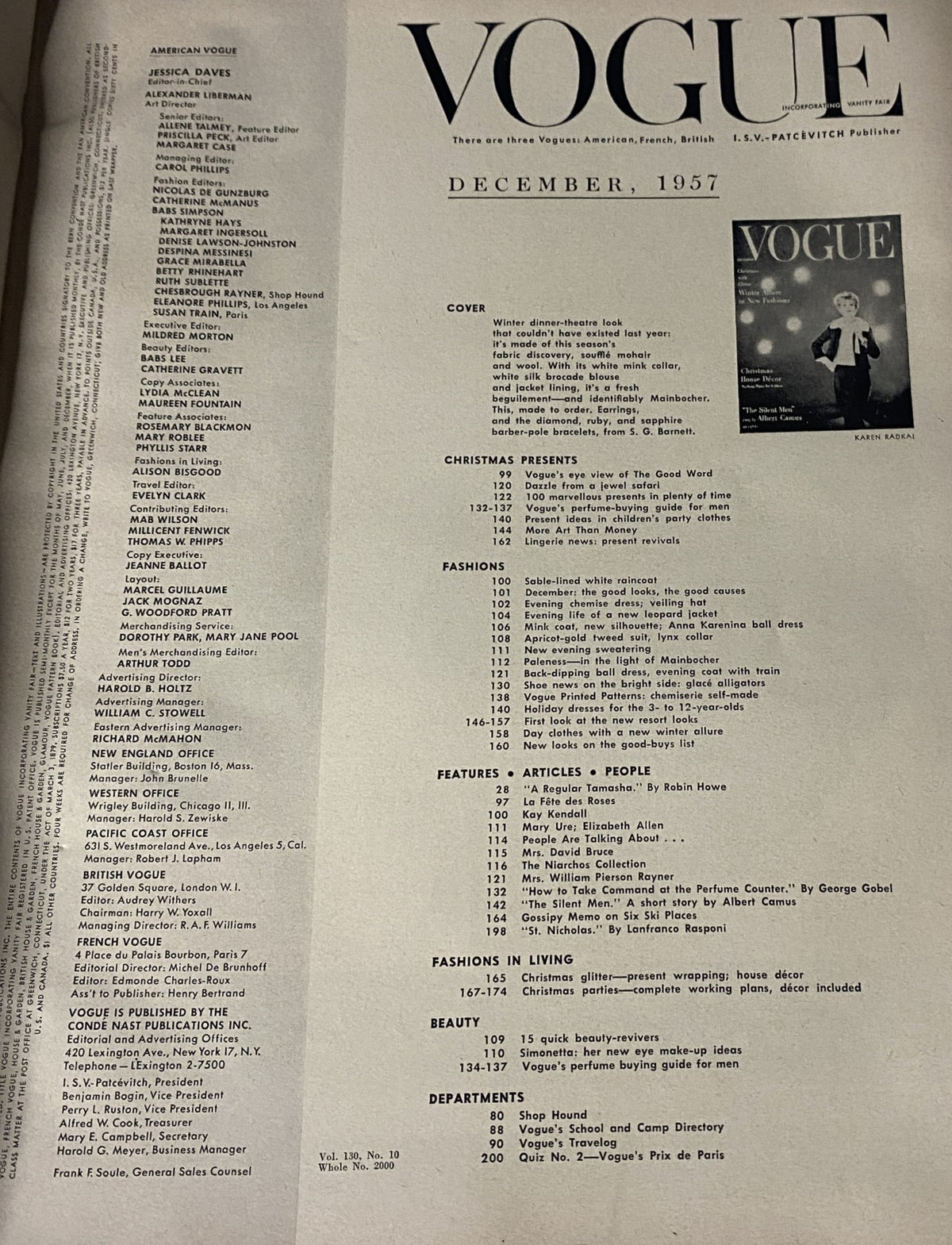 Table of contents of Vogue Magazine December 1957, showcasing sections such as Christmas Presents, Fashions, and insightful articles, reflecting the magazine's content on style and seasonal themes.