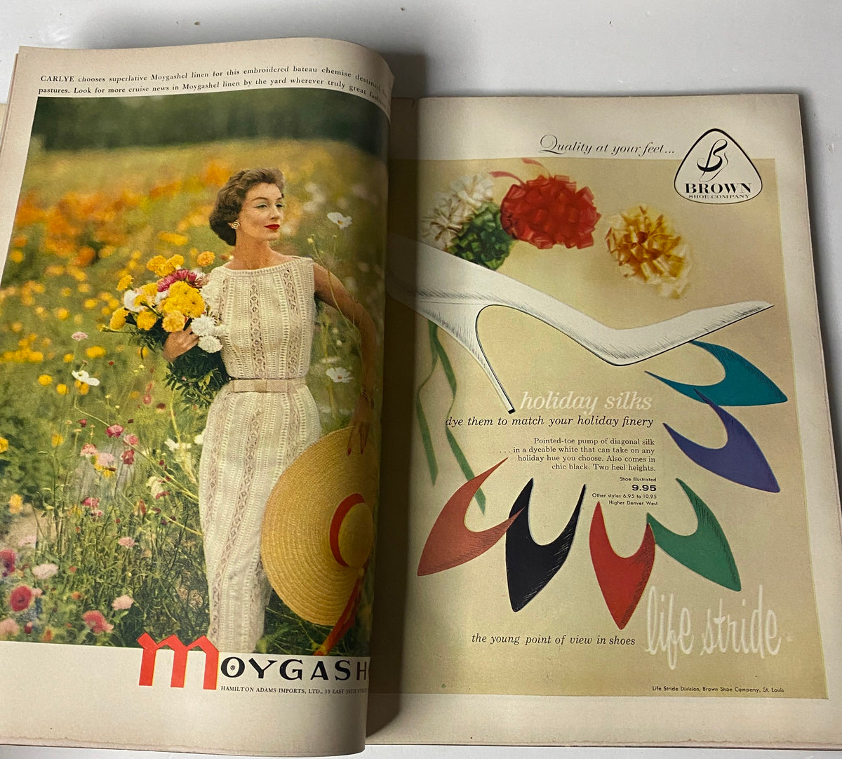 A fashion spread from Vogue Magazine December 1957 featuring a model in a stylish outfit with flowers, promoting holiday silks and the latest trends for festive attire.
