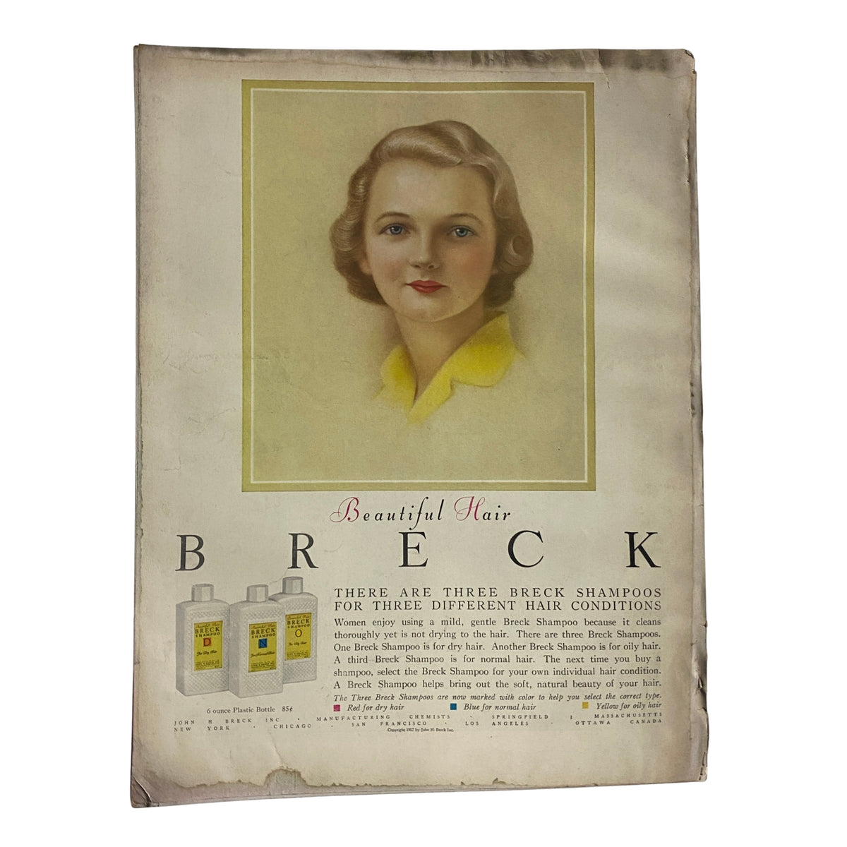 Vintage advertisement for Breck Hair Products found in Vogue Magazine December 1957, featuring a stylish woman with beautiful hair promoting three different shampoos.