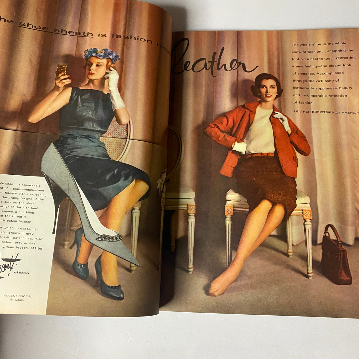 Vogue Magazine March 15, 1957 spread featuring stylish women in leather outfits, exemplifying 1950s fashion trends, with elegant design and composition.