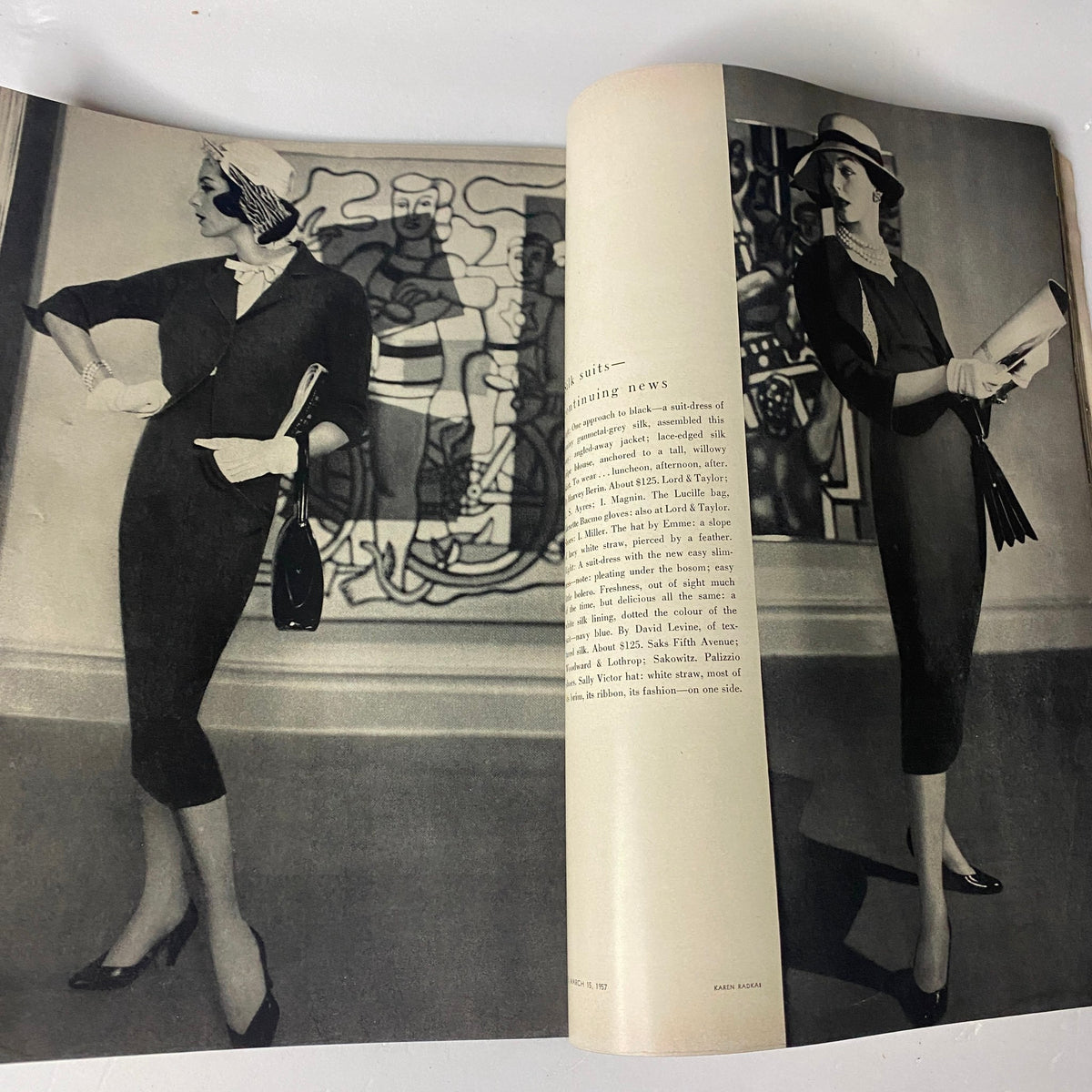 Vogue Magazine March 15, 1957 Jessica Ford Cover by Karen Radkai, showcasing stylish mid-century fashion with a black and white image of a model posing elegantly against modern artwork.