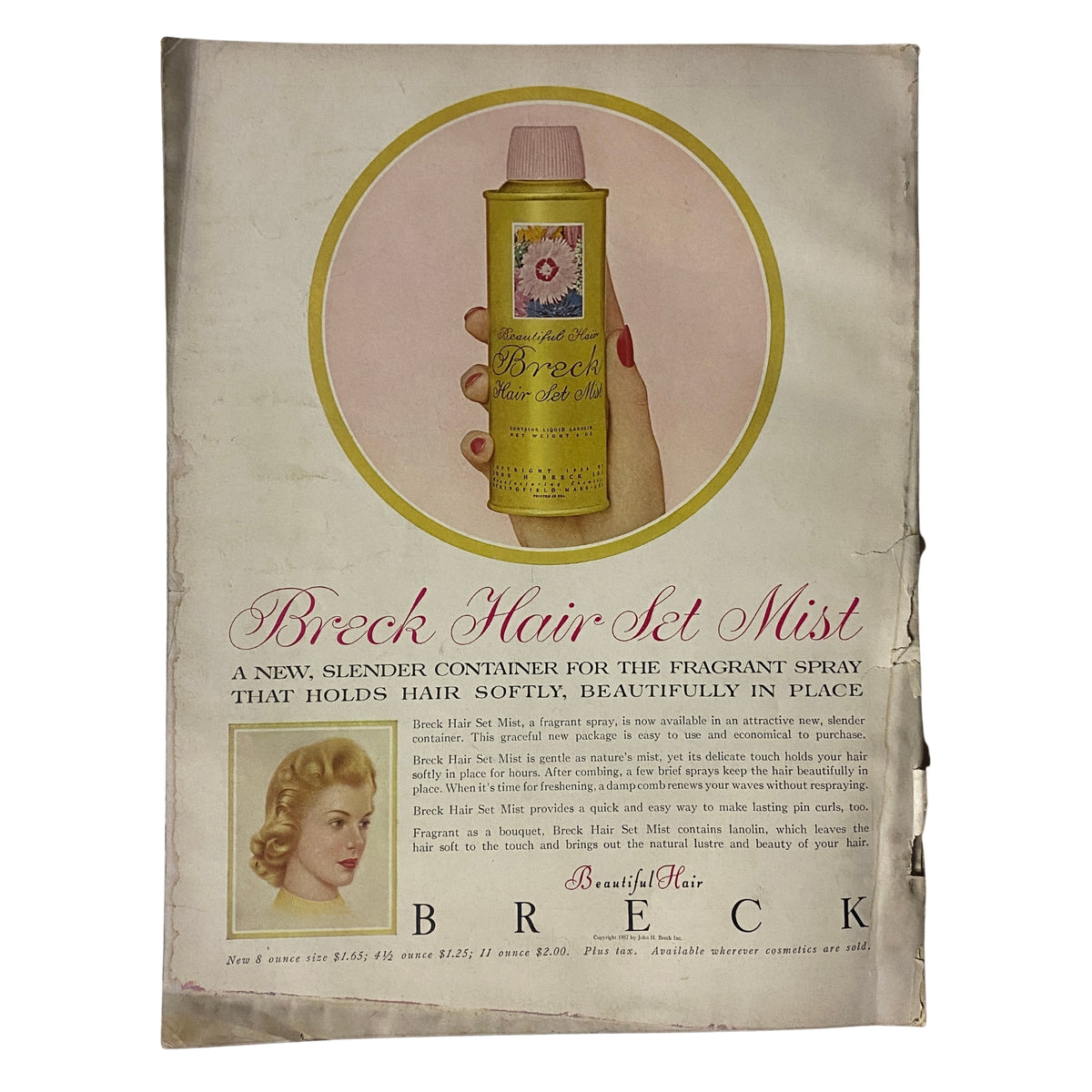 Advertisement for Breck Hair Set Mist featured in Vogue Magazine March 15, 1957, promoting a stylish solution for holding hair beautifully in place.