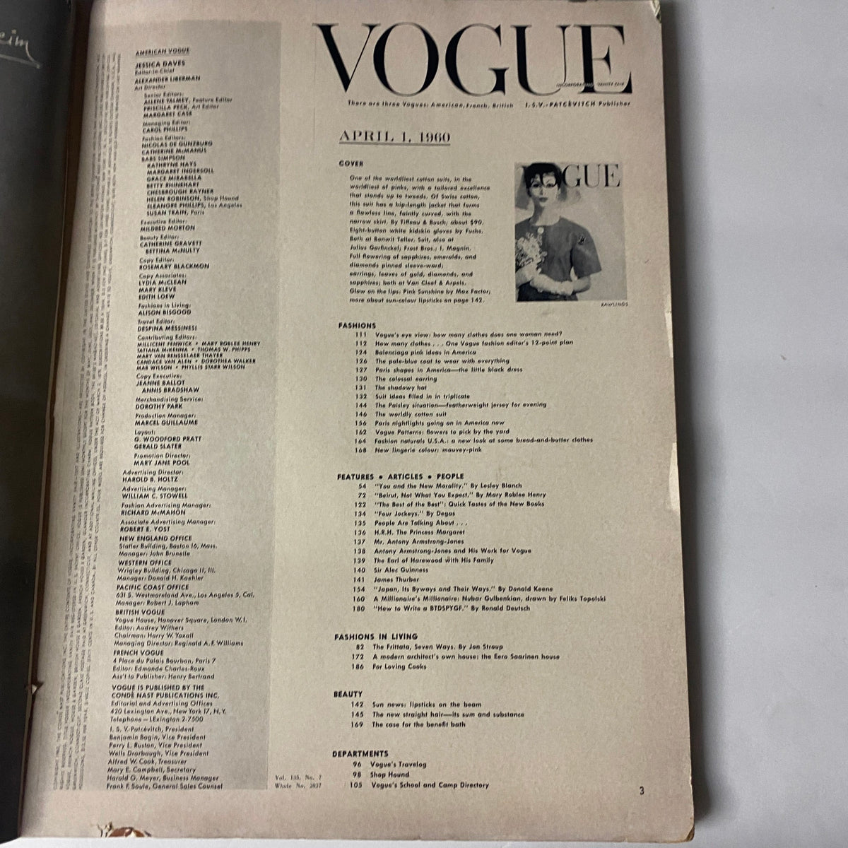 Table of contents page from Vogue Magazine April 1, 1960, highlighting features and articles that showcase the essence of 1960s fashion.