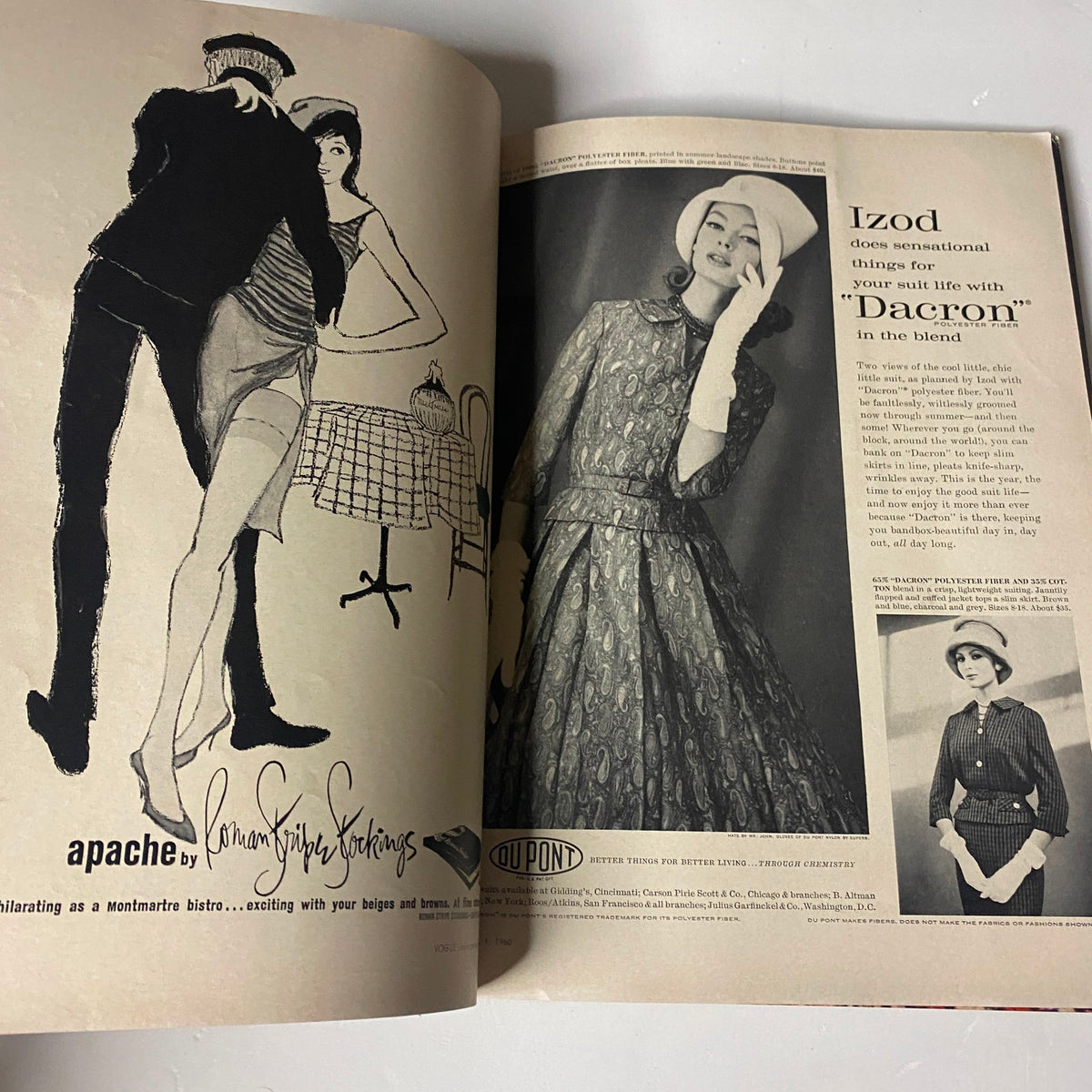 Fashion advertisement showcasing a dress by Izod in Vogue Magazine April 1, 1960, representing the blend of modern and traditional styles.