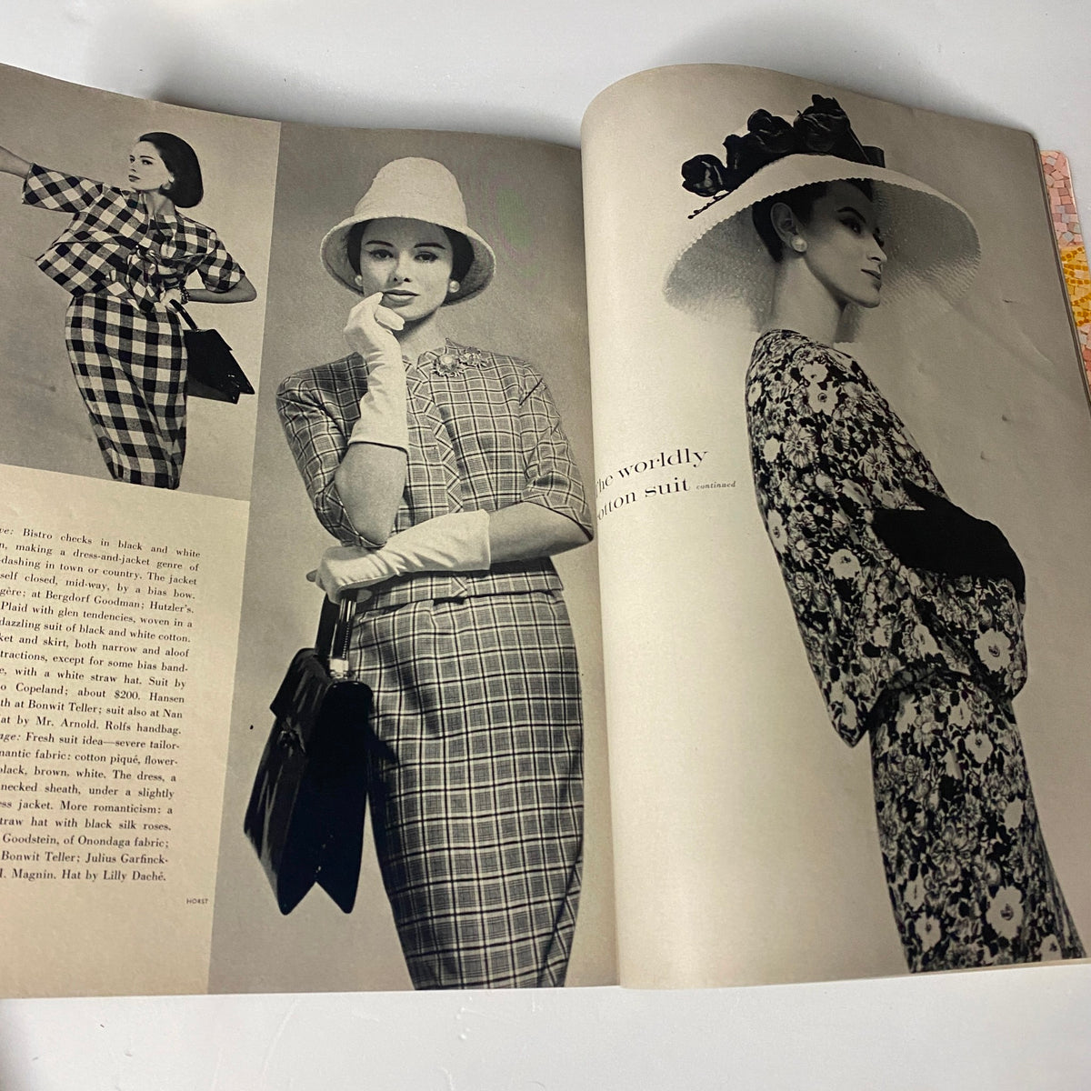 Fashion spread from Vogue Magazine April 1, 1960, displaying models in stylish outfits, highlighting patterns and accessories typical of 1960s fashion.
