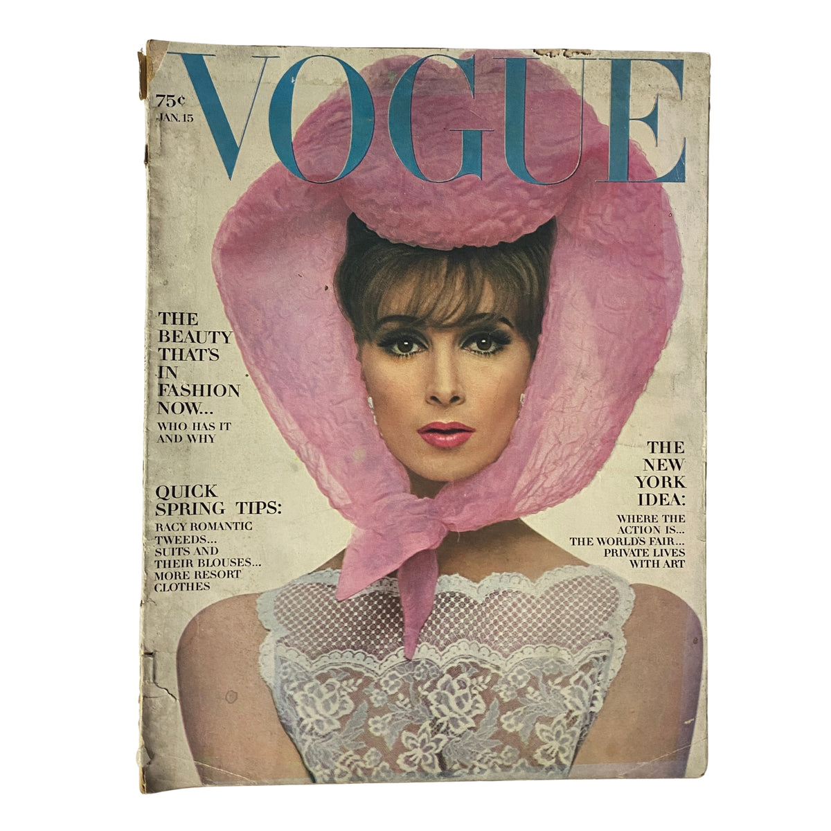 Cover of Vogue Magazine January 15, 1964 featuring model Wilhelmina Cooper in a pink bonnet, photographed by Bert Stern.