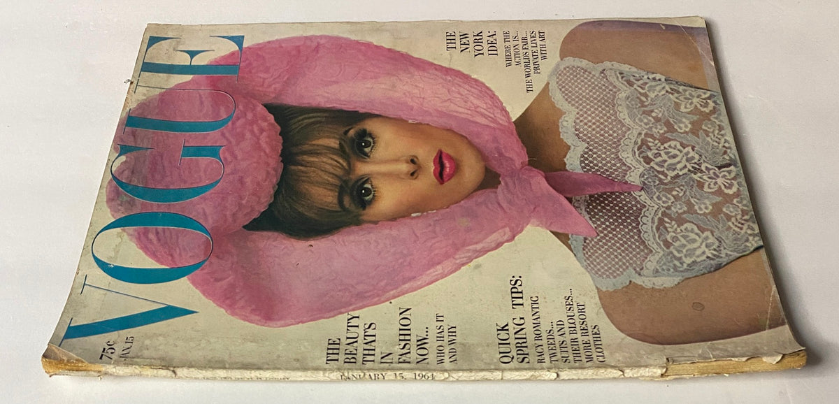 Vogue Magazine January 15, 1964 cover image showcasing Wilhelmina Cooper with a pink hat, a classic design highlighting vintage fashion.