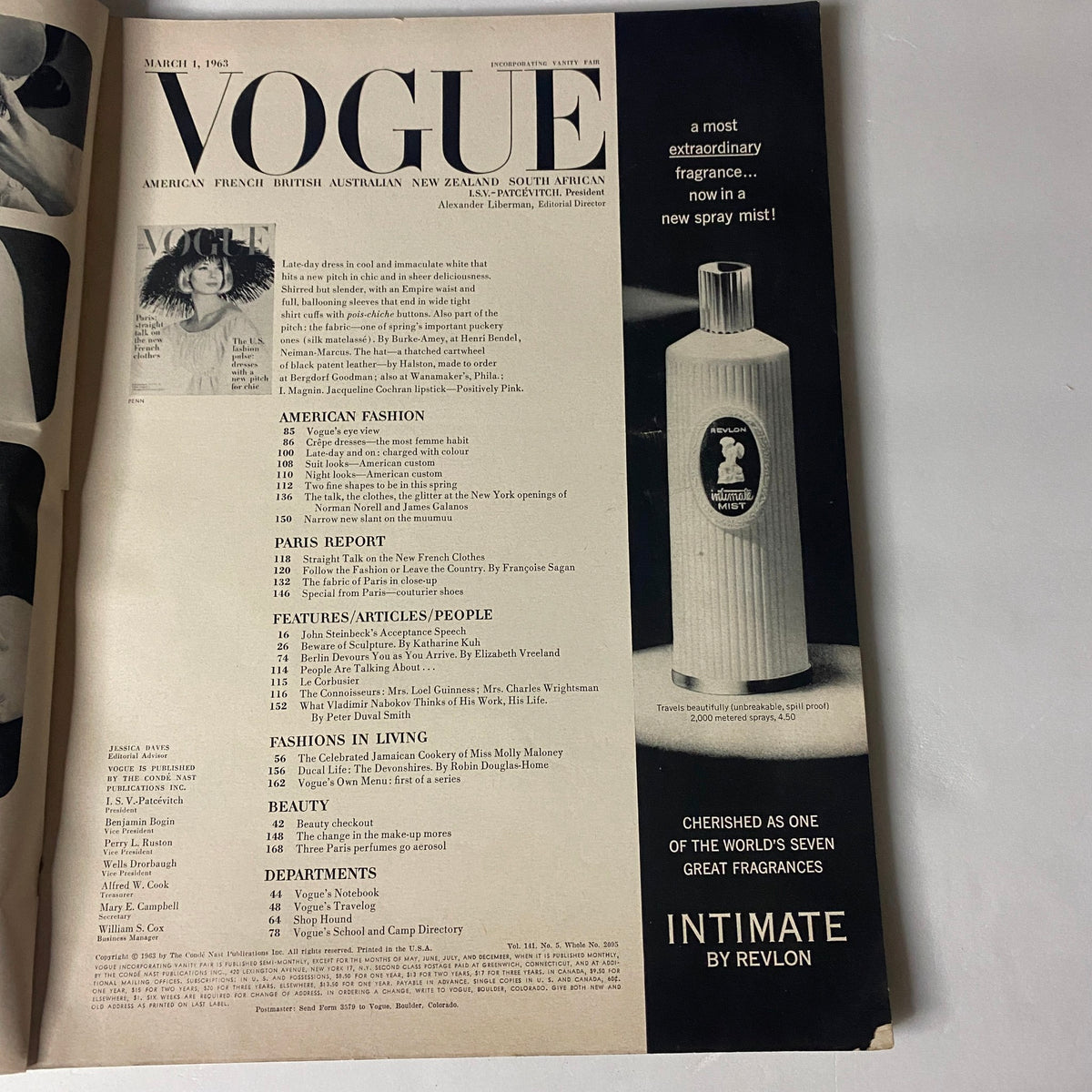 Interior of Vogue Magazine March 1, 1963 displaying article titles including American Fashion and Paris Report, alongside a Revlon fragrance advertisement.