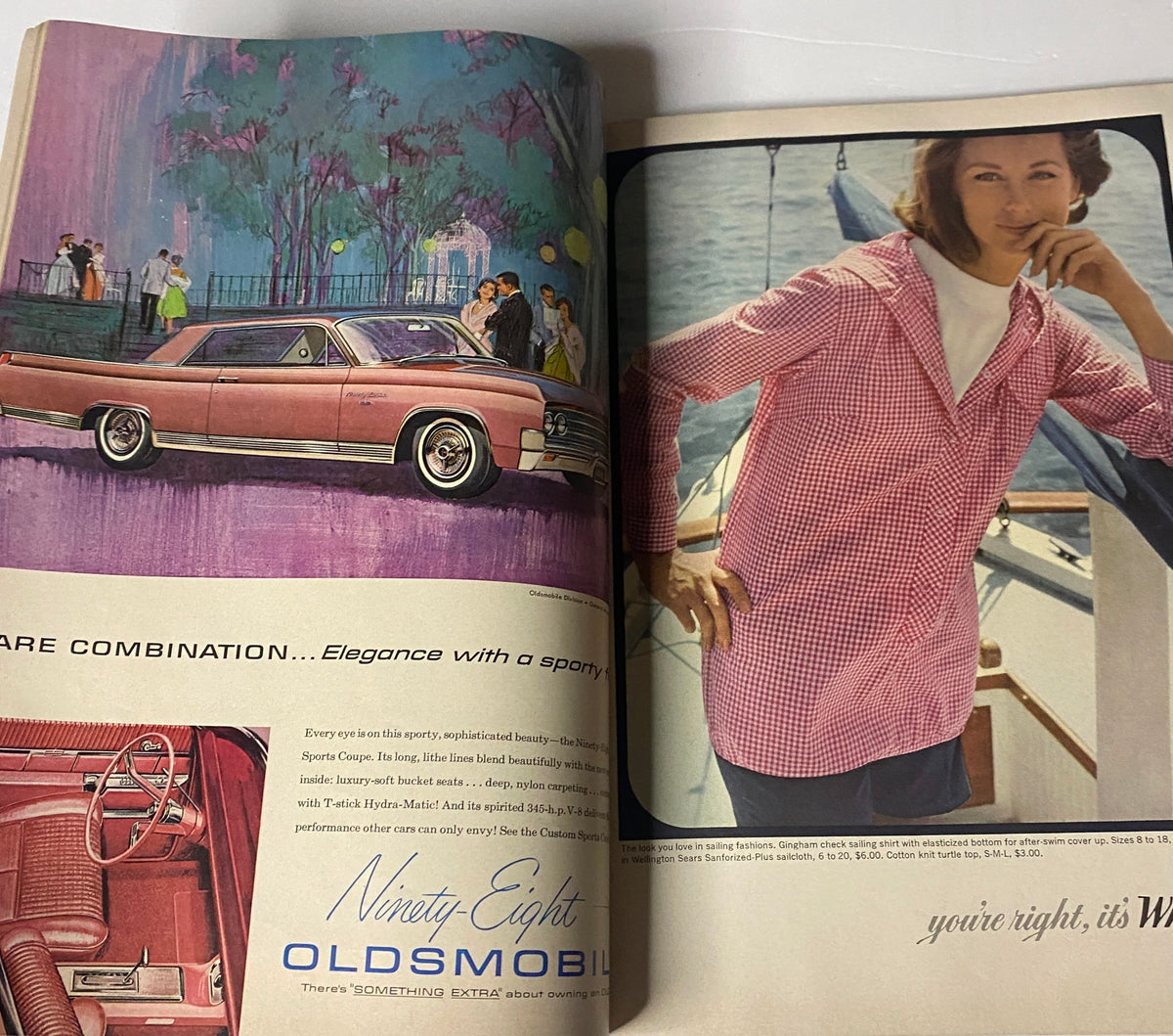 Open spread in Vogue Magazine March 1, 1963 featuring a classic car and model in a chic outfit, promoting Ninty Eight Oldsmobile, capturing mid-century elegance.