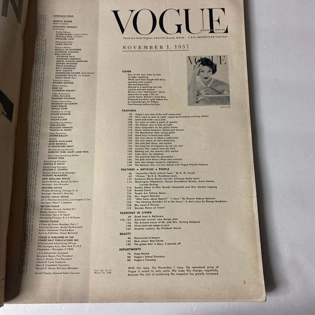 Inside page of Vogue Magazine November 1, 1957, featuring the table of contents alongside vintage fashion articles and cultural insights.