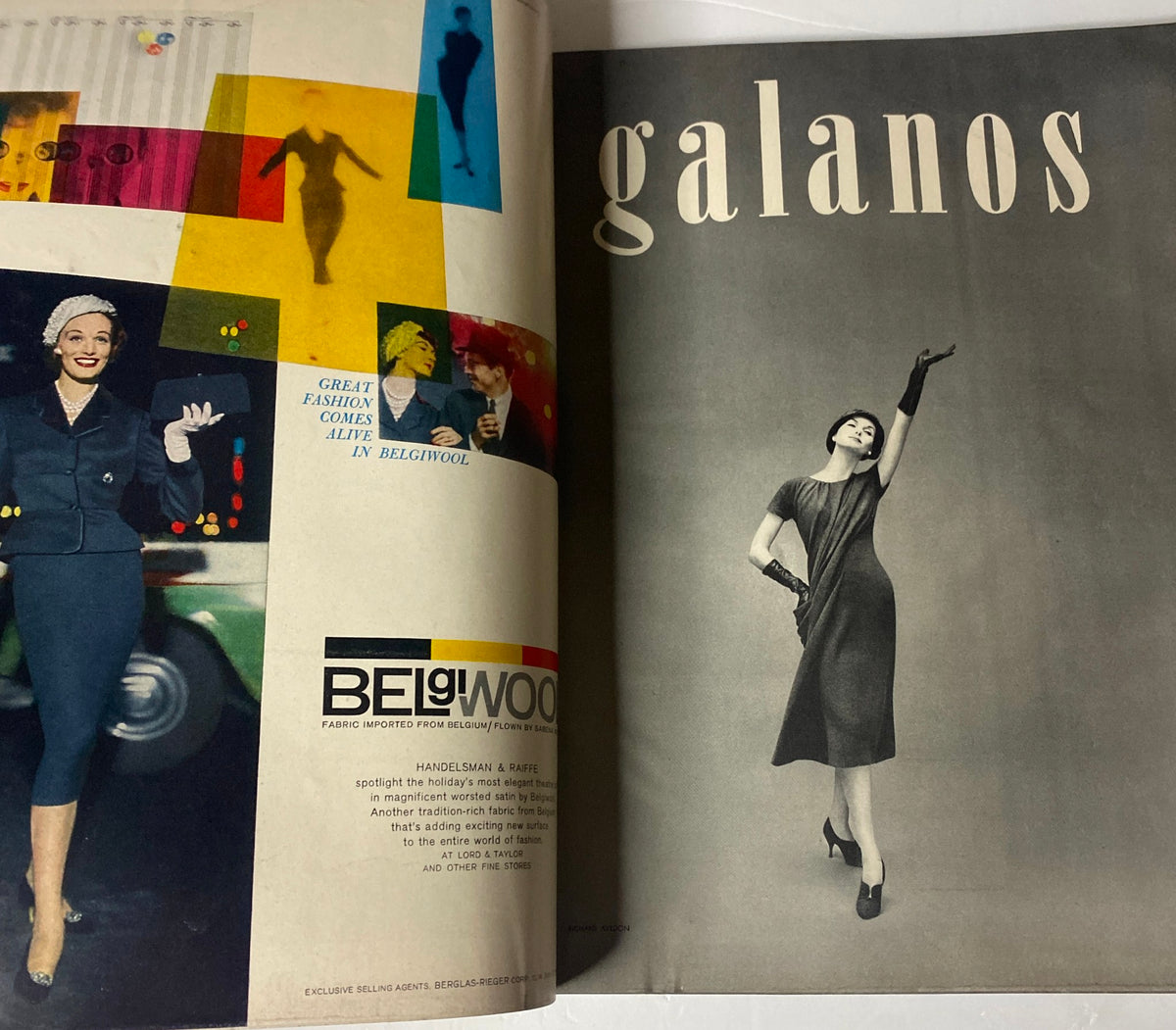Another page from Vogue Magazine November 1, 1957, featuring a fashion advertisement from Galanos with stylish clothing designs.