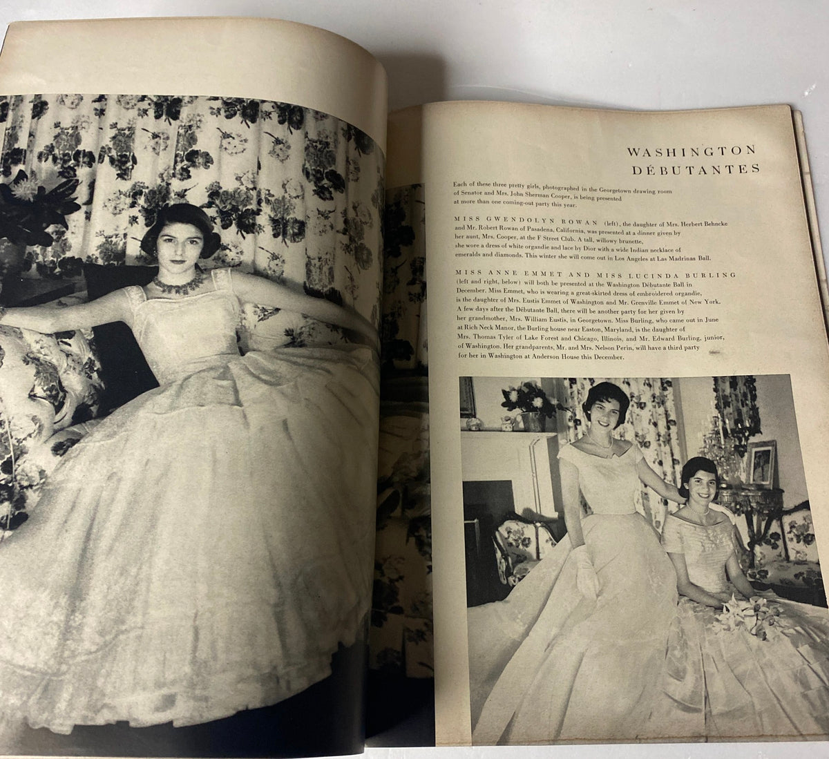 Vogue Magazine November 1, 1957 Va Taylor Cover by John Rawlings, featuring Washington debutantes in elegant gowns on page layout.
