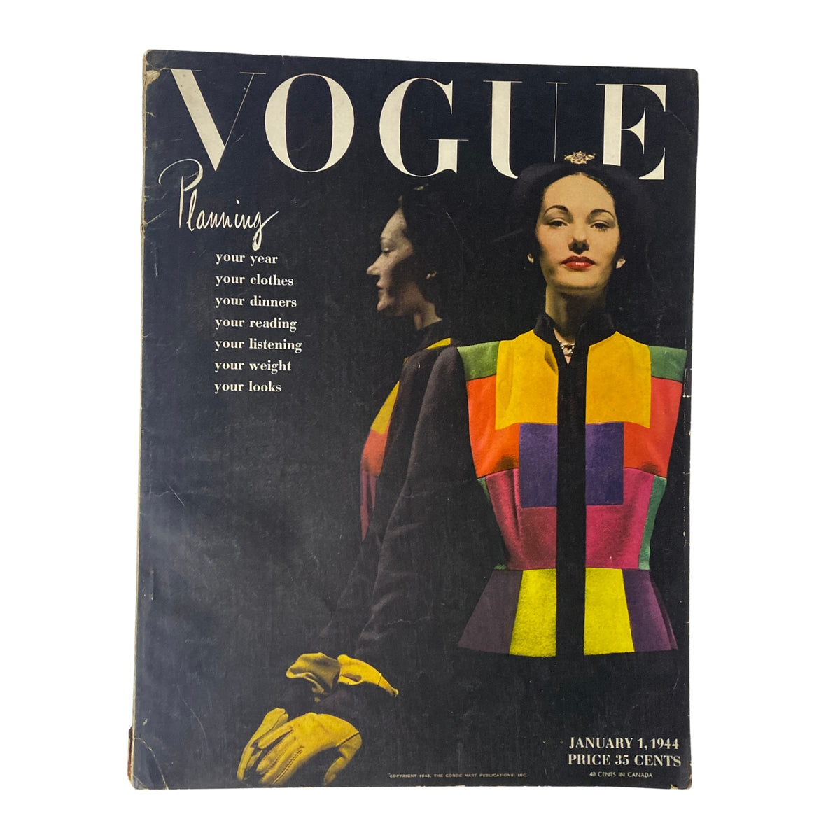 Vogue Magazine January 1, 1944 featuring a colorful cover design by John Rawlings, showcasing a model dressed in a vibrant jacket and gloves, highlighting the theme of planning in fashion.