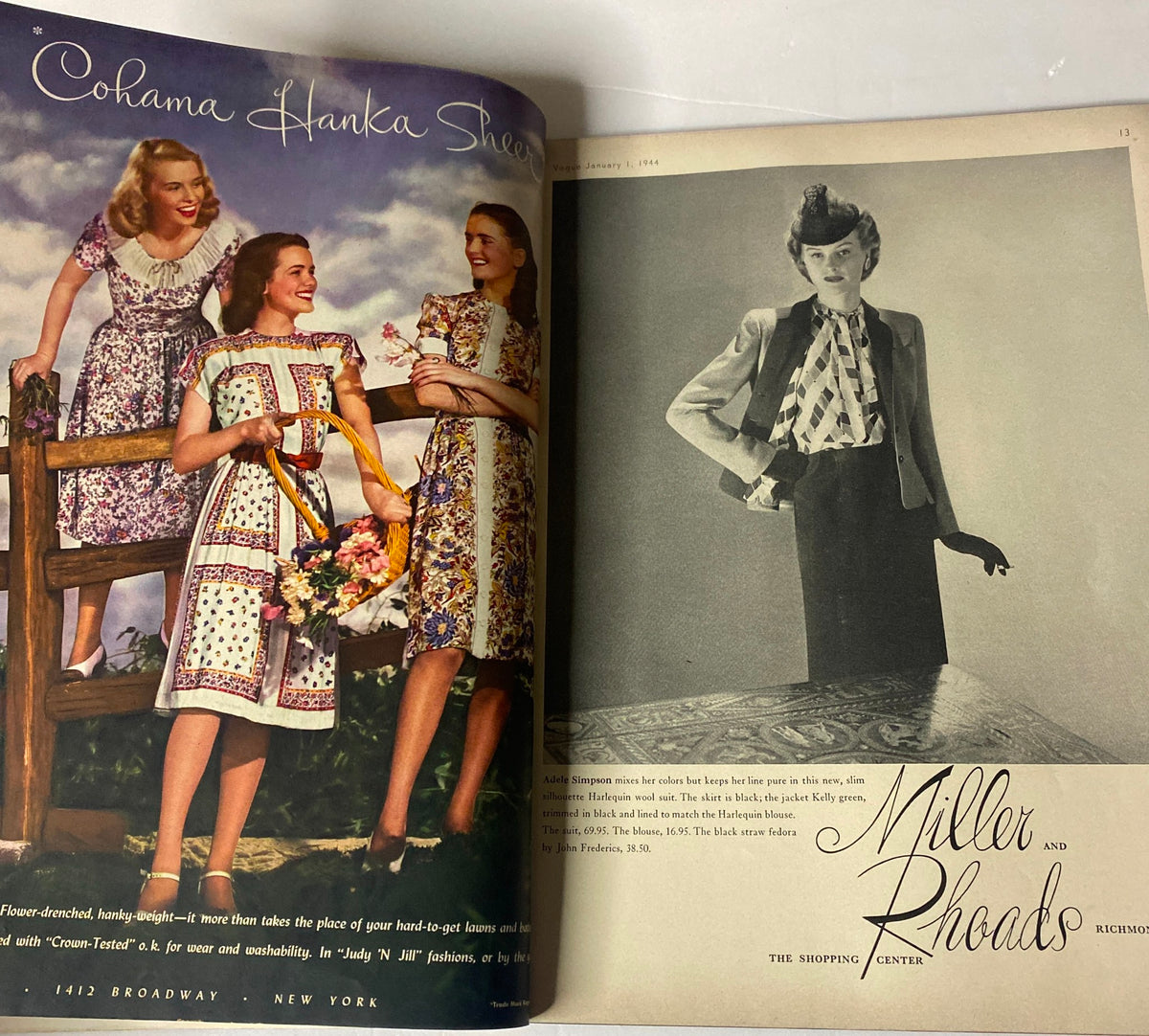 Inside page of Vogue Magazine January 1, 1944, displaying four models in colorful dresses, celebrating women's fashion during wartime with playful designs.