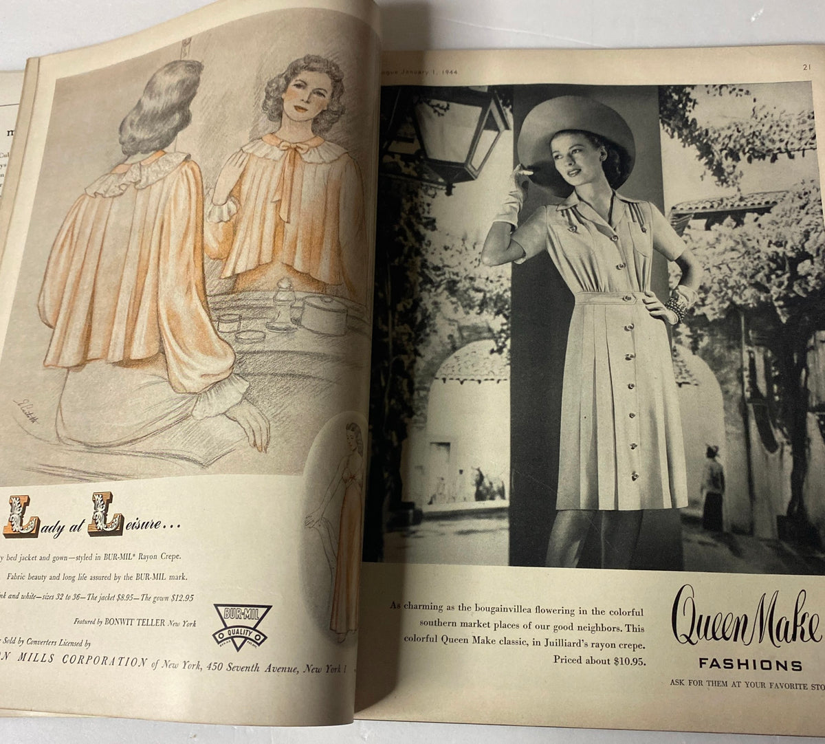 Fashion advertisement from Vogue Magazine January 1, 1944, illustrating a lady in a charming dress and wide-brimmed hat, contributing to the magazine's focus on women's attire.