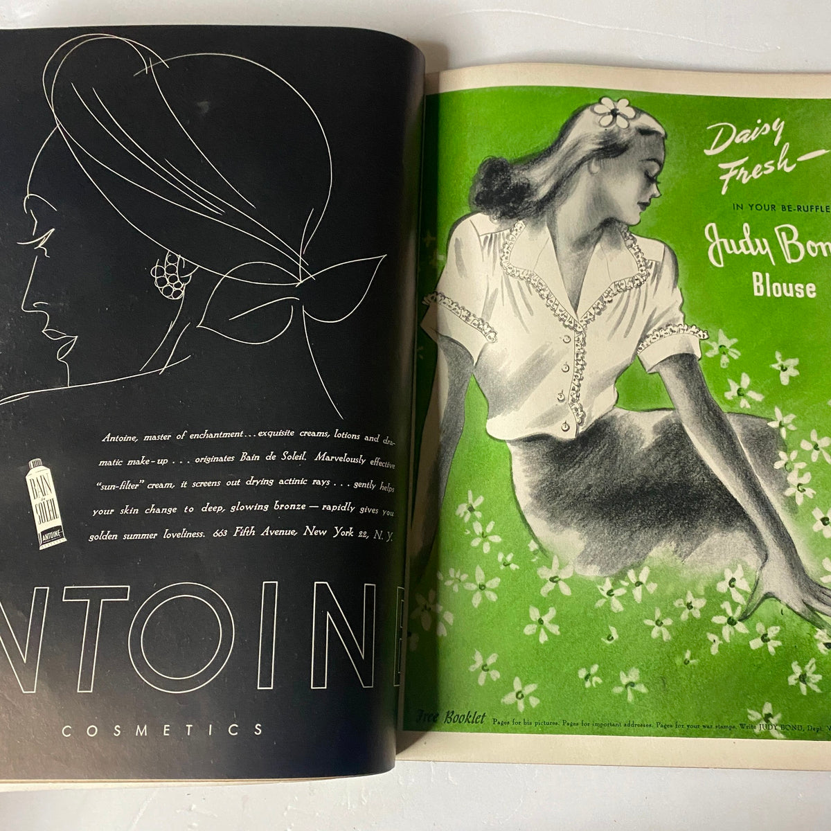 Fashion advertisement spread from Vogue Magazine May 15, 1944, featuring a stylish woman and promoting Judy Bond's blouse.