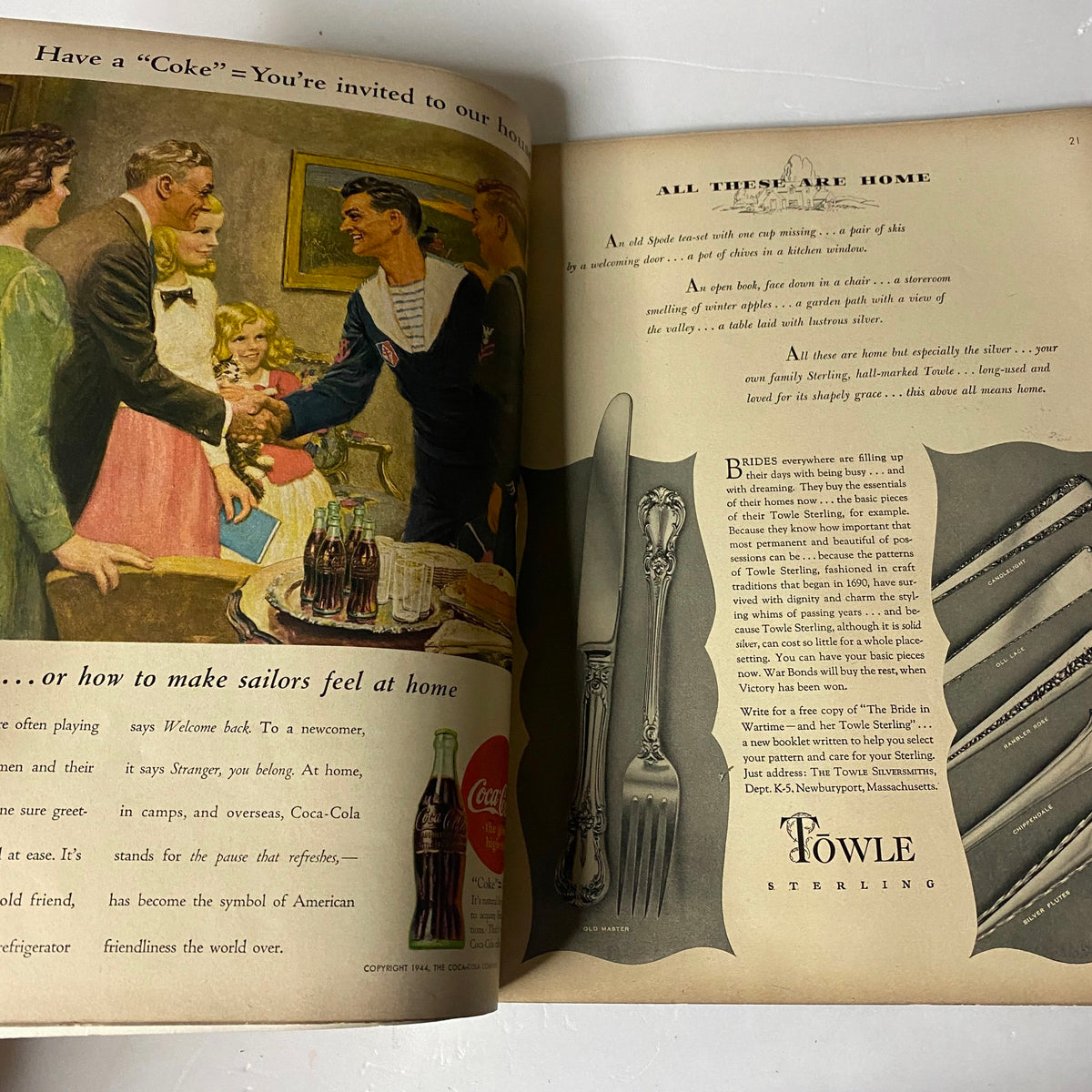 Interior page of Vogue Magazine May 15, 1944, featuring a Coca-Cola advertisement and a social gathering depiction, representing the era's culture.