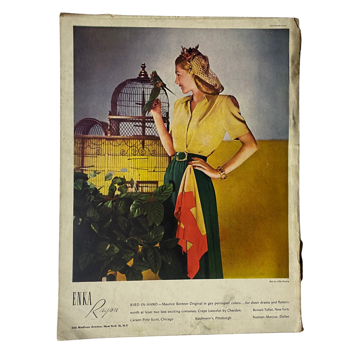 Cover back of the Vogue Magazine May 15, 1944 featuring a colorful fashion advertisement, showcasing 1940s style and design aesthetics.