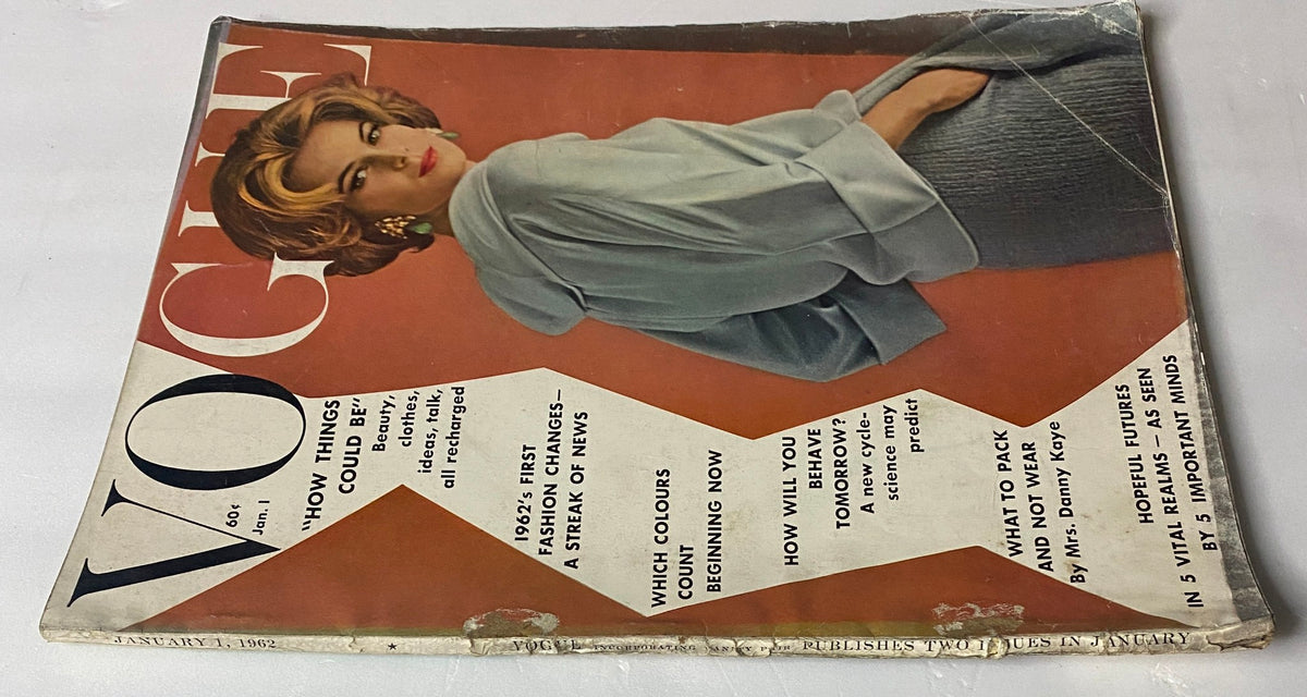 Close-up view of Vogue Magazine January 1, 1962 cover featuring Anne De Zogheb, highlighting the magazine's emphasis on beauty and fashion.