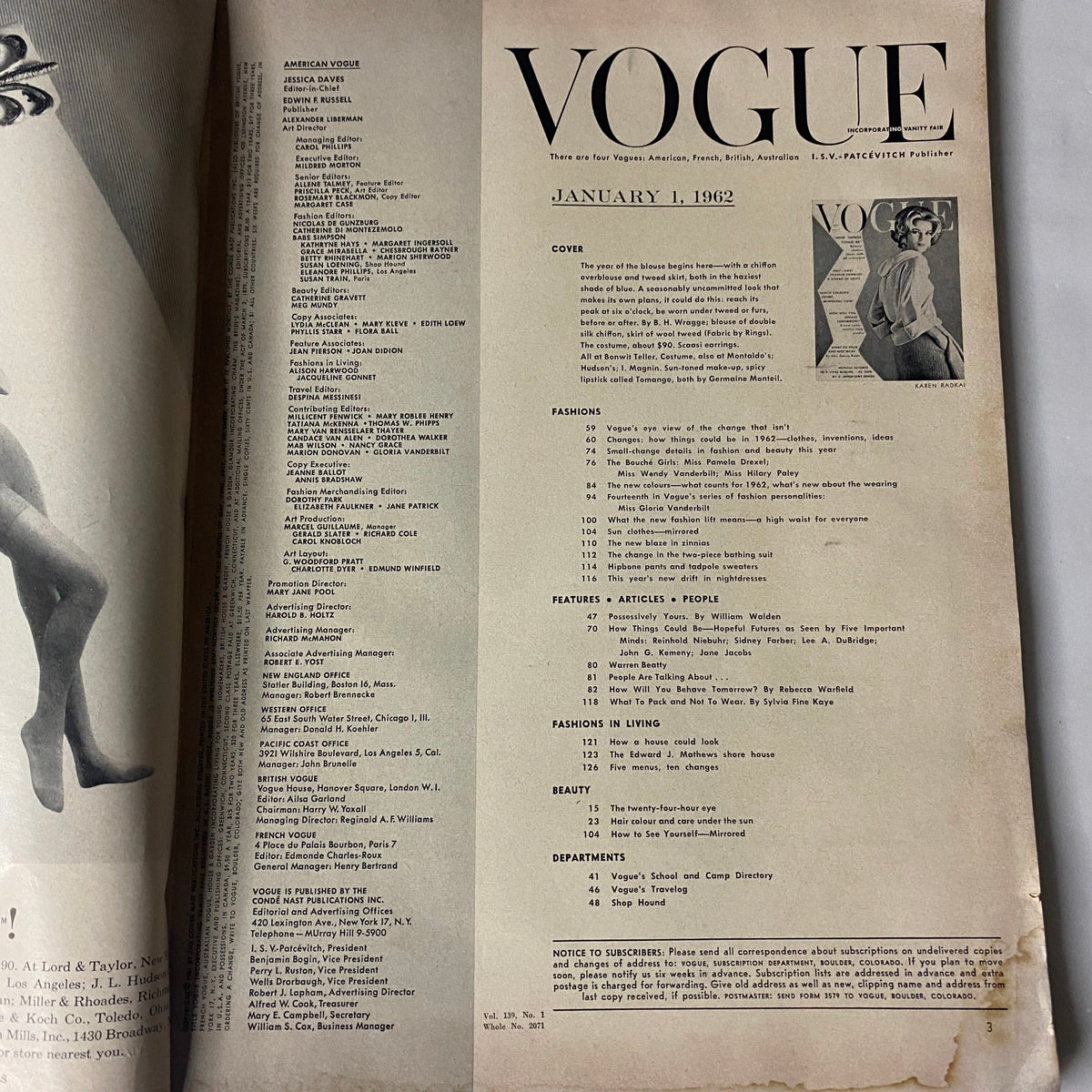 Interior page of Vogue Magazine January 1, 1962 showing the table of contents, featuring various sections on fashion, features, and beauty.
