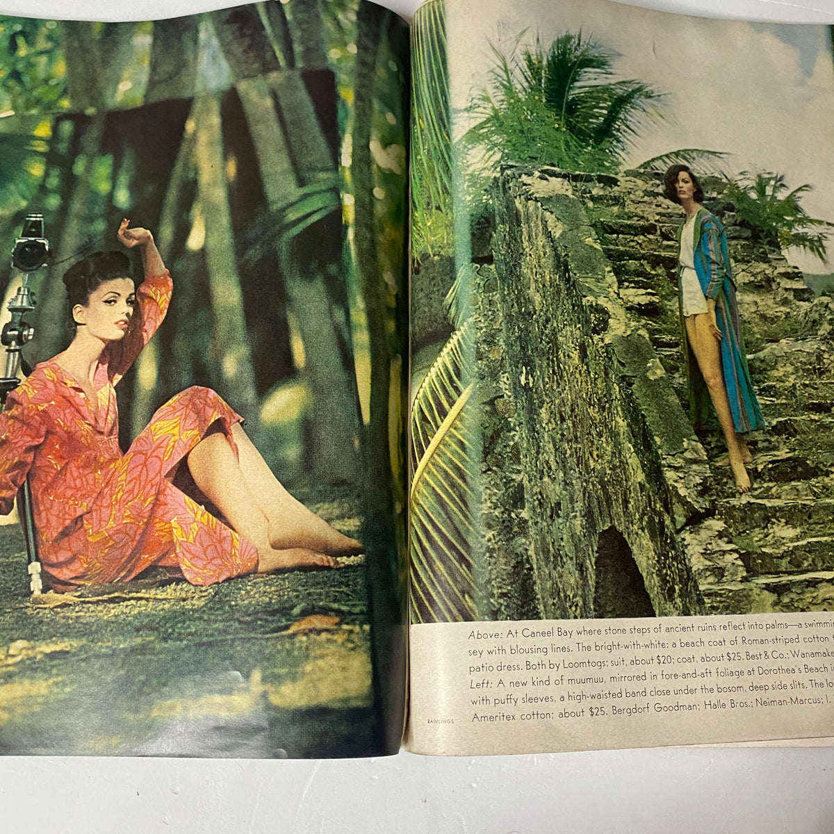 Editorial image from Vogue Magazine January 1, 1962 featuring models in vibrant beachwear against a tropical backdrop.