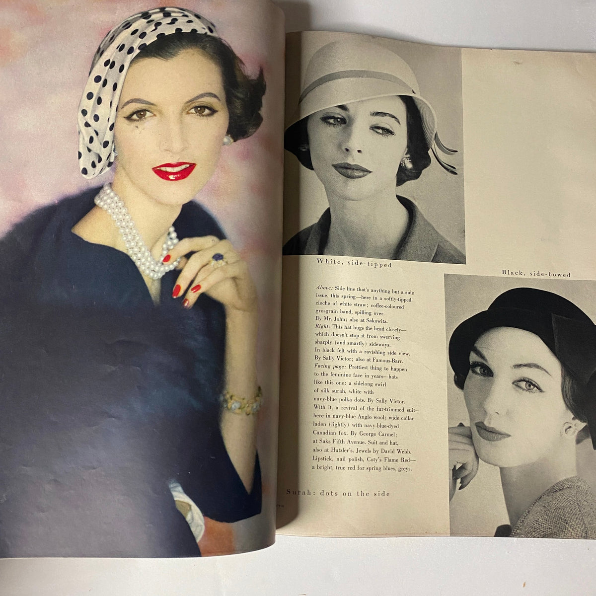 Vogue Magazine February 15, 1957 featuring Anne St. Marie by Karen Radkai, showcasing vintage hairstyles and makeup trends with portraits of women wearing elegant hats and accessories.